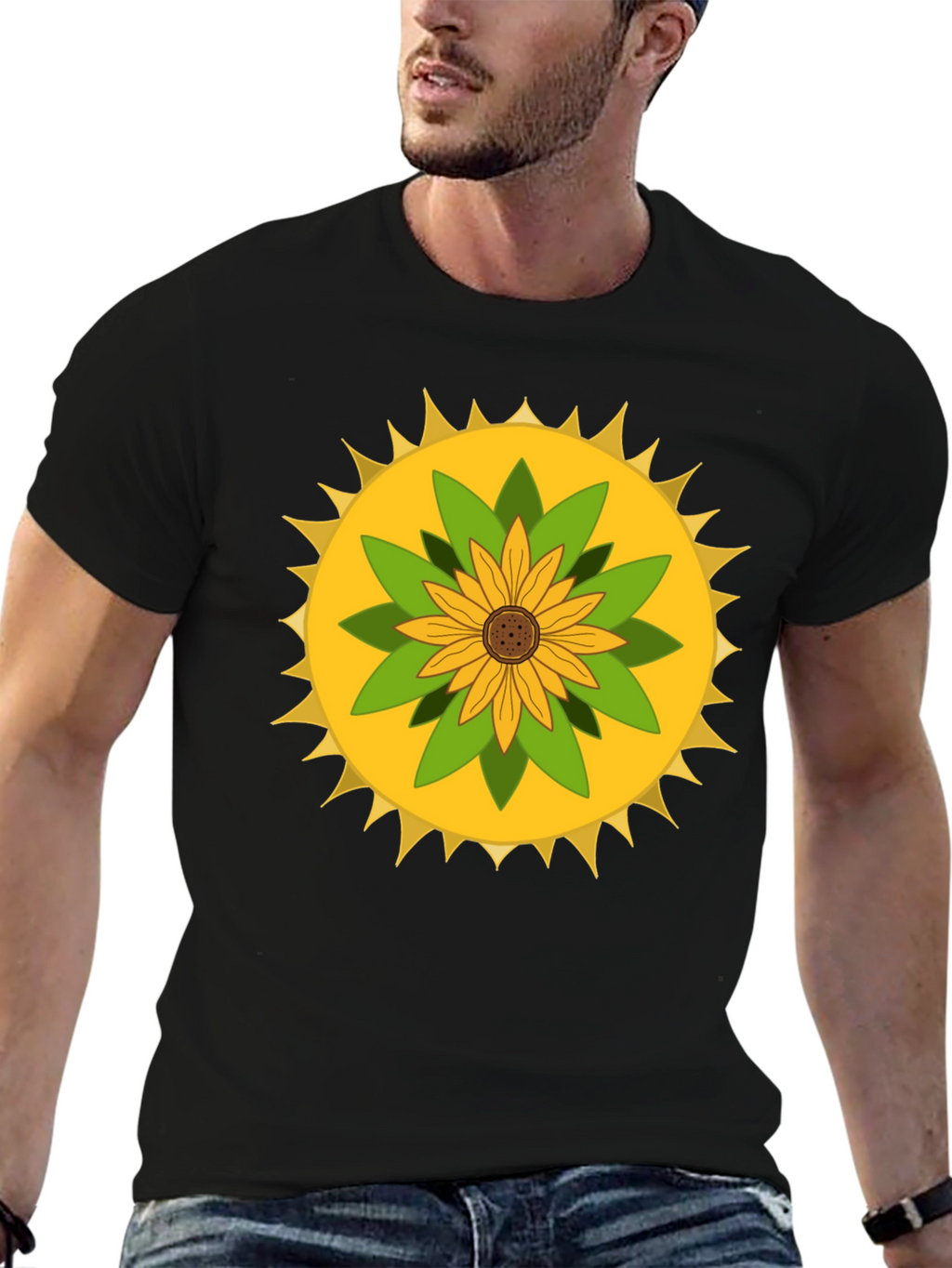 Sunflower Mandala Graphic Black T-Shirt