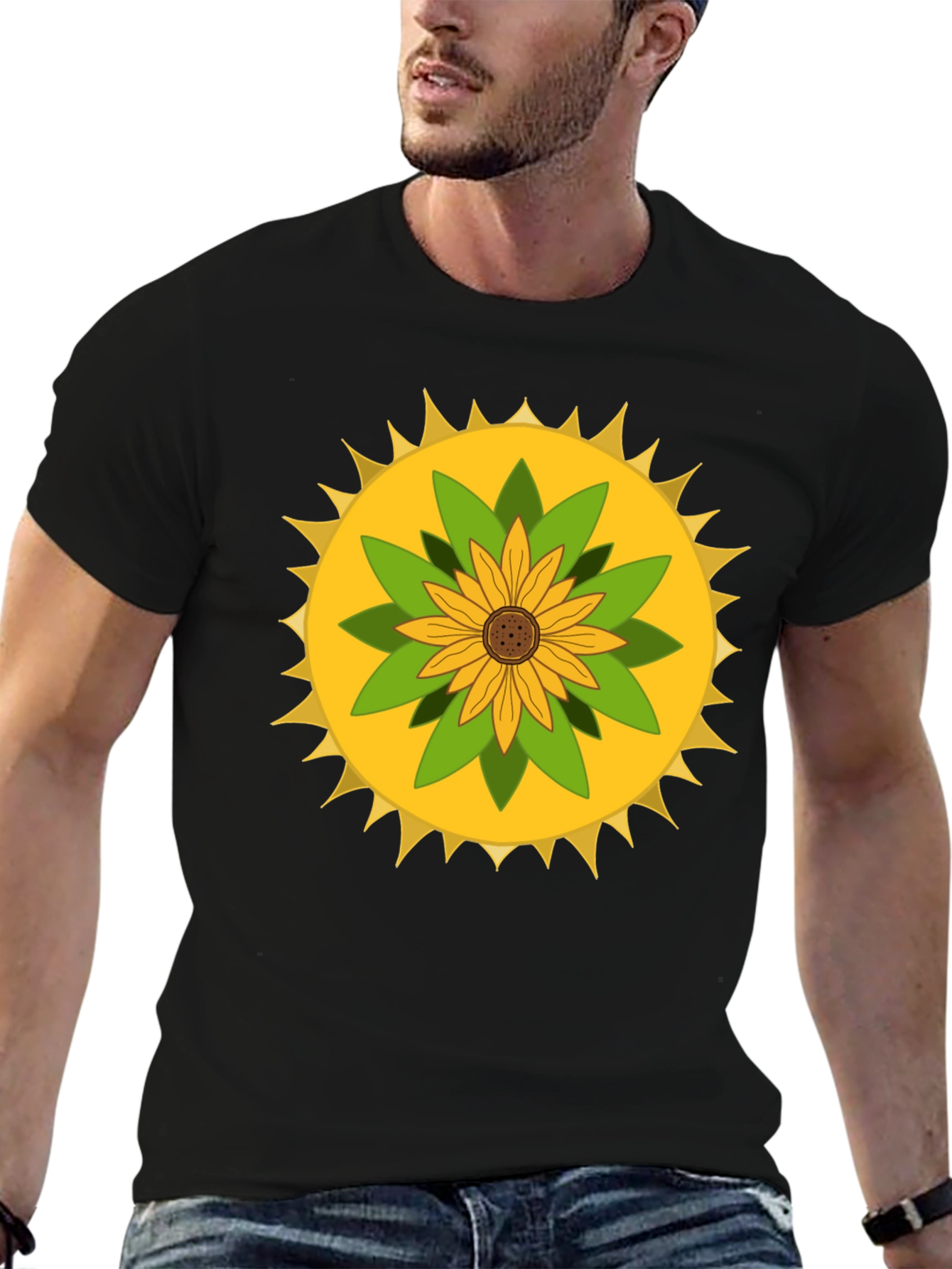 Sunflower Mandala Graphic Black T-Shirt