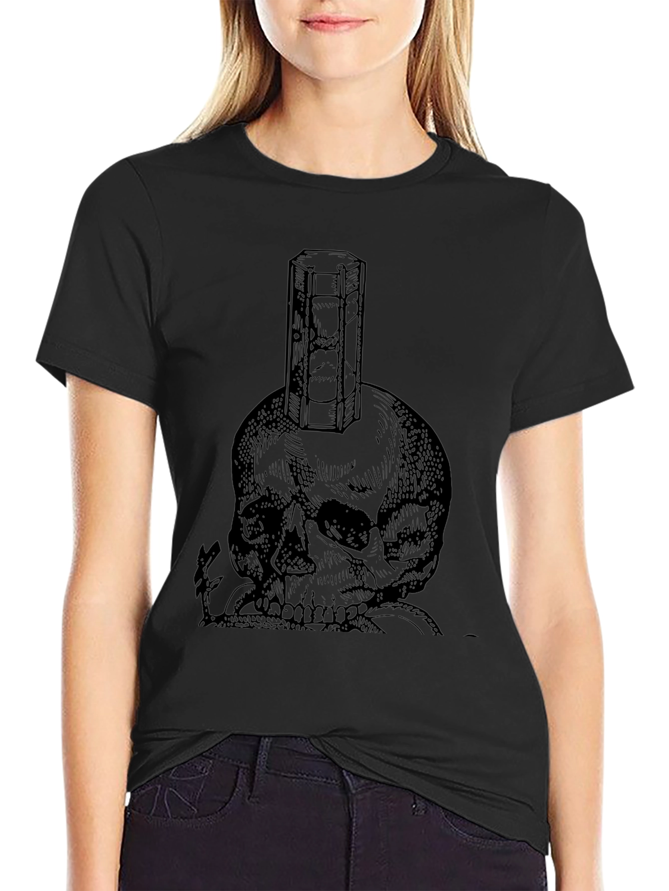 Skull & Hourglass Graphic Tee - Black Cotton