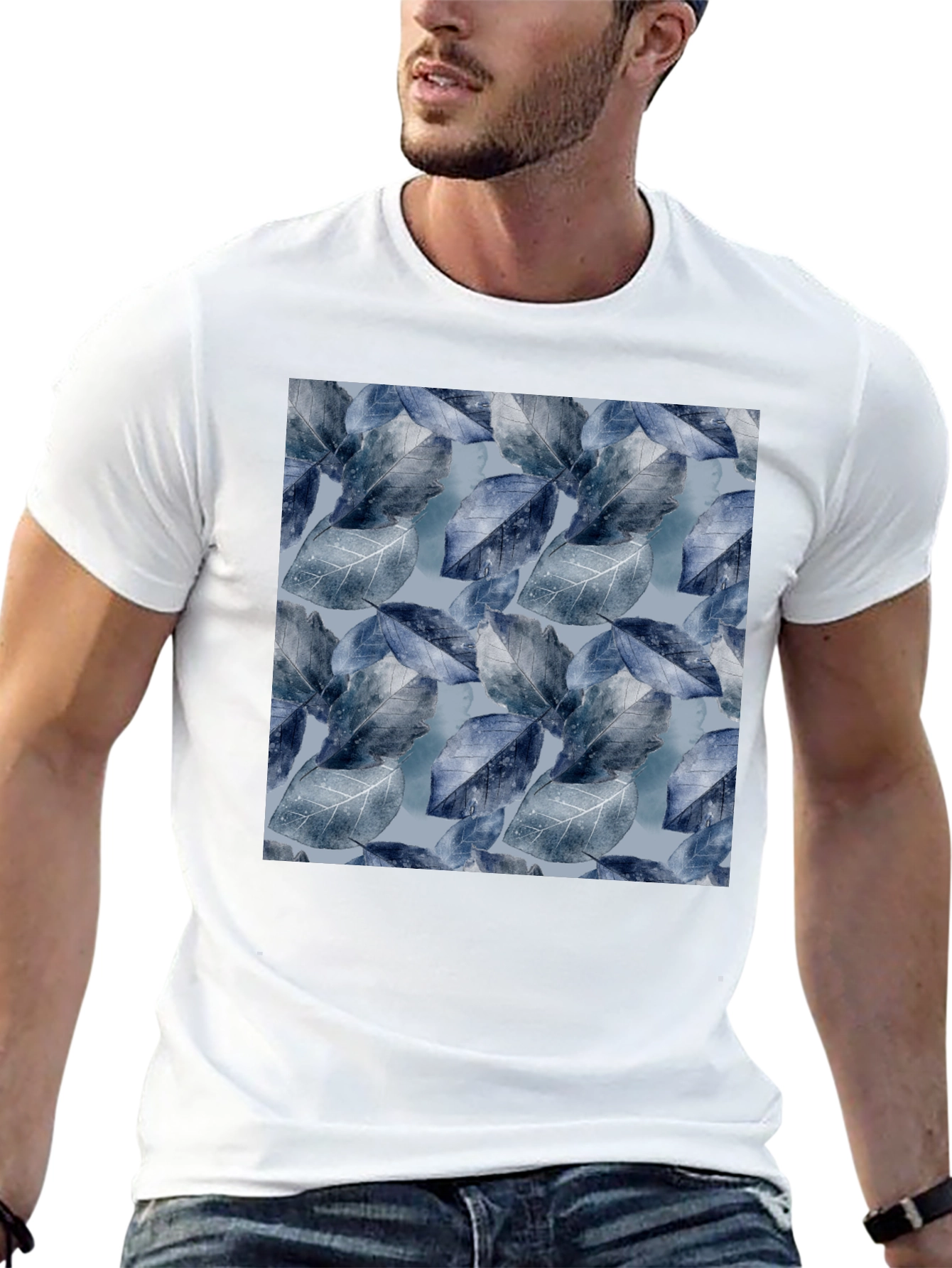 Blue Leaf Pattern Crew Neck Tee