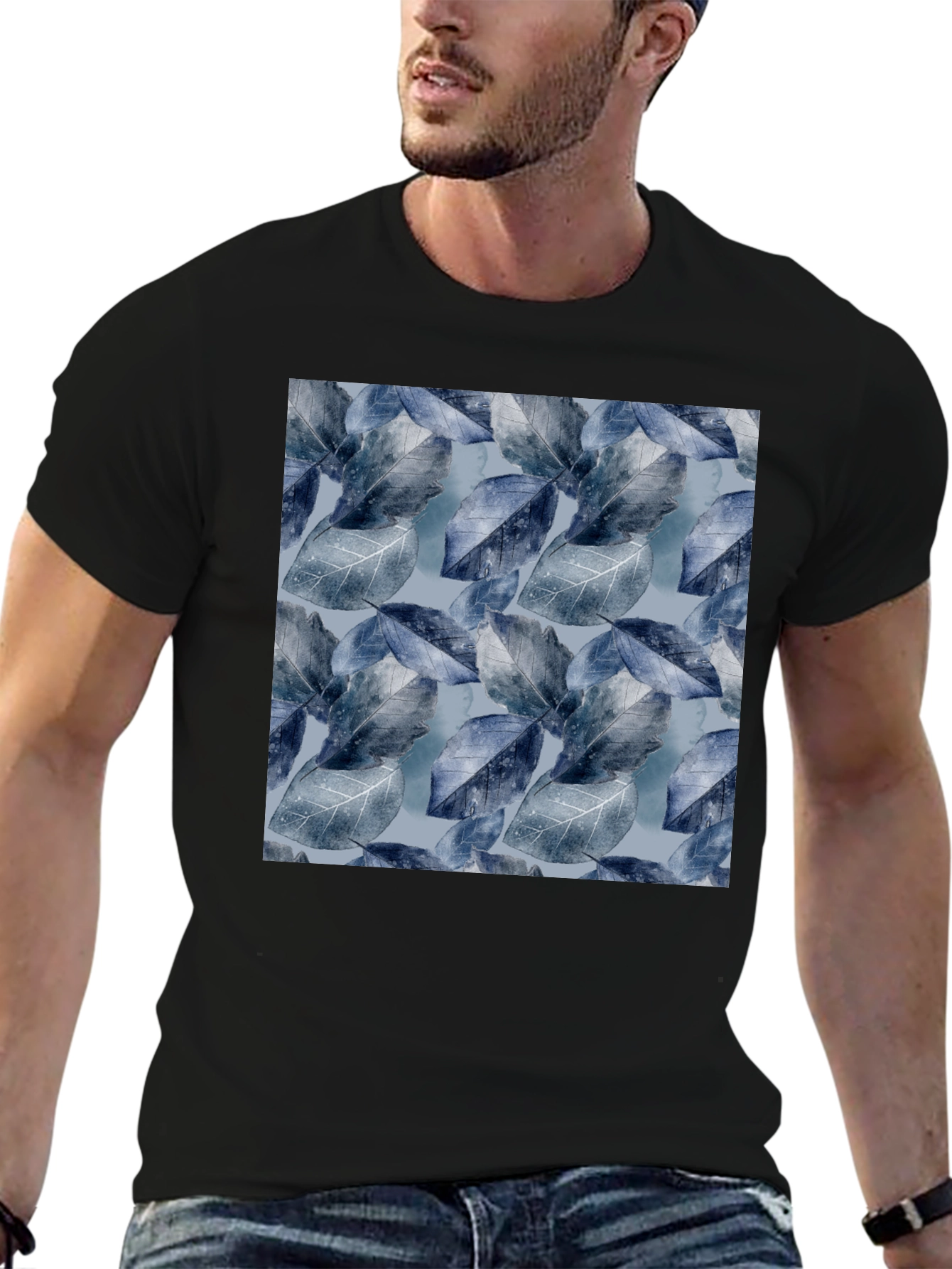 Blue Leaf Pattern Crew Neck Tee