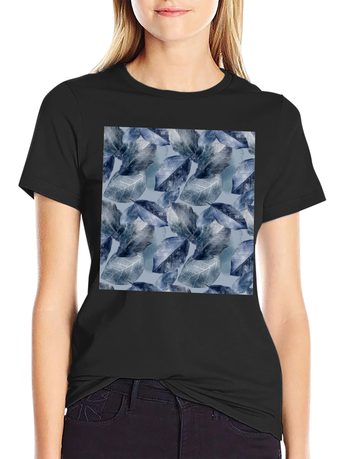 Blue Leaf Pattern Crew Neck Tee