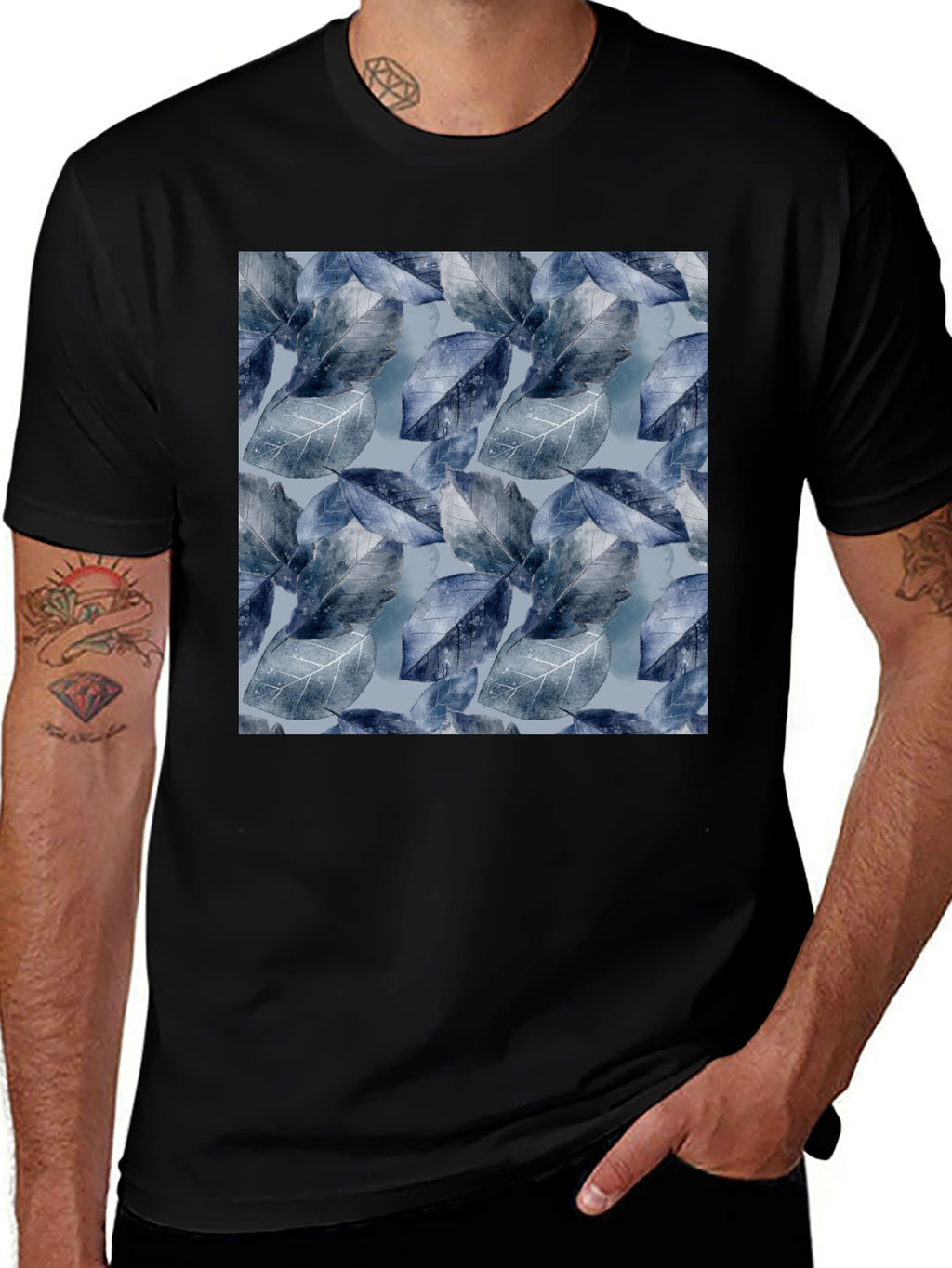 Blue Leaf Pattern Crew Neck Tee