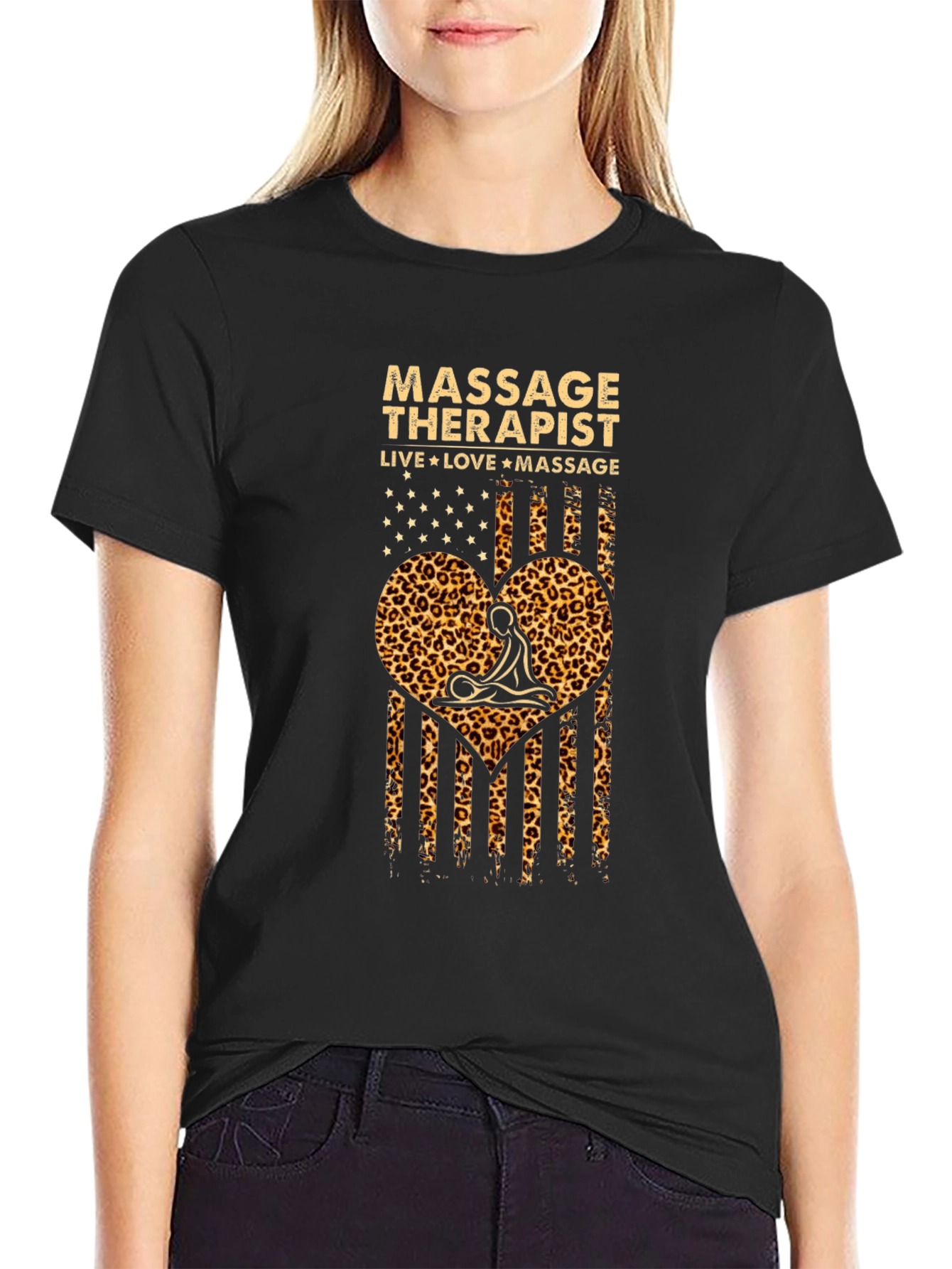 Massage Therapist Leopard Print American Flag T-Shirt
