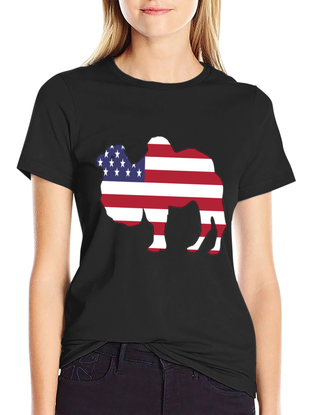 American Flag Camel Graphic Tee - Patriotic T-Shirt
