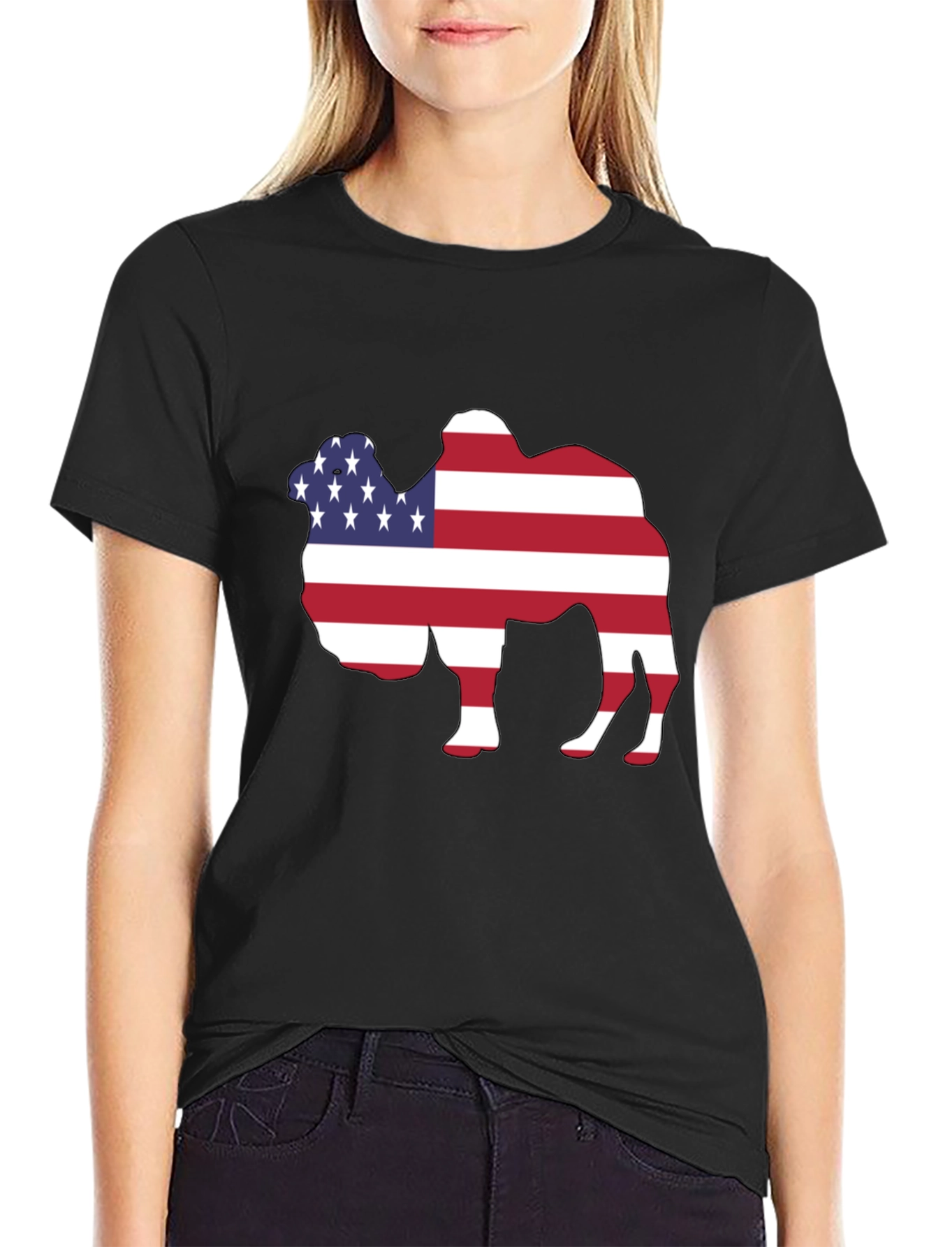 American Flag Camel Graphic Tee - Patriotic T-Shirt