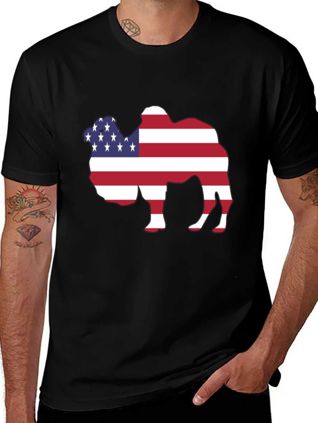 American Flag Camel Graphic Tee - Patriotic T-Shirt