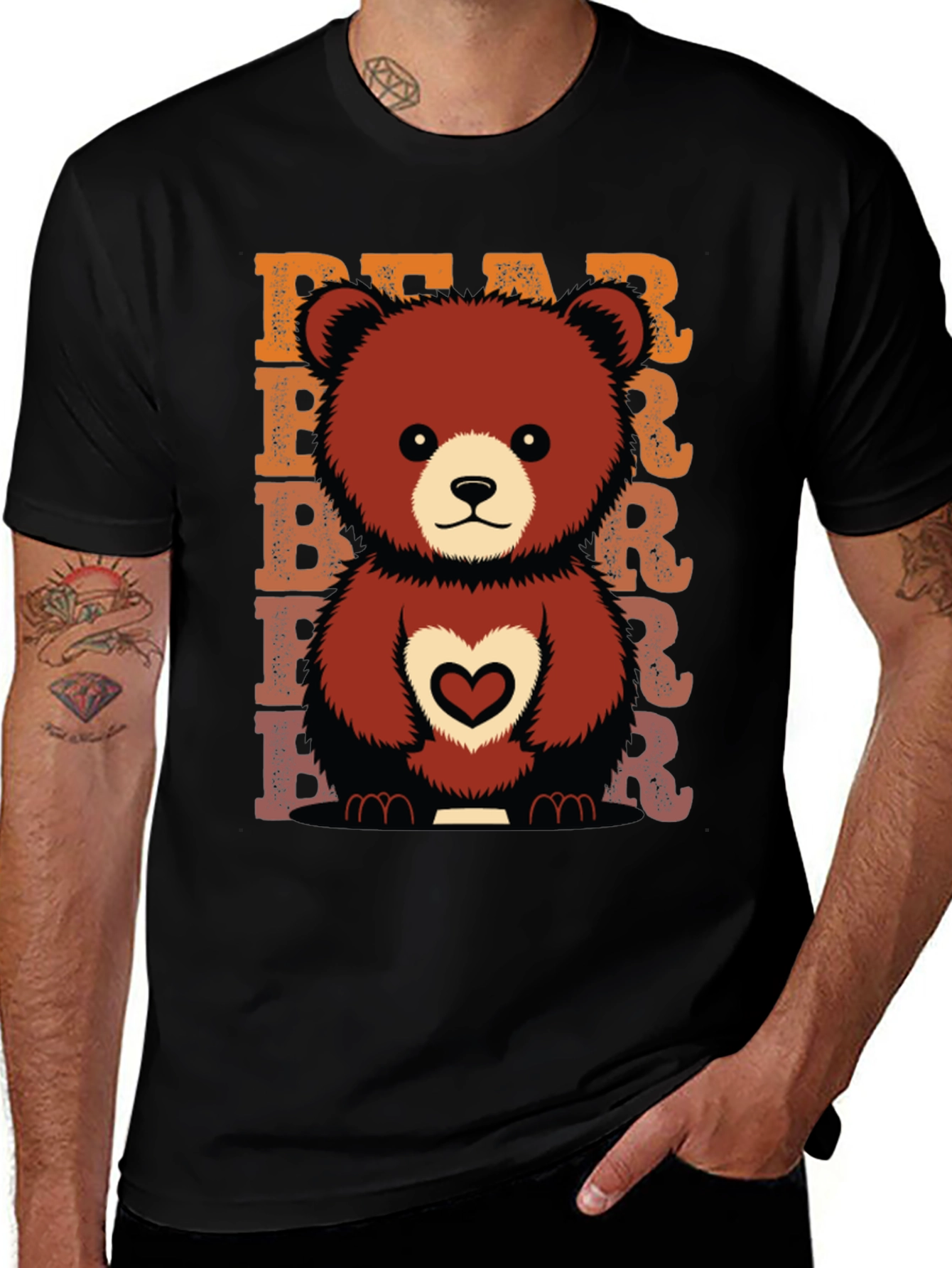 Cute Bear Heart Graphic Tee - Black Cotton Blend Shirt