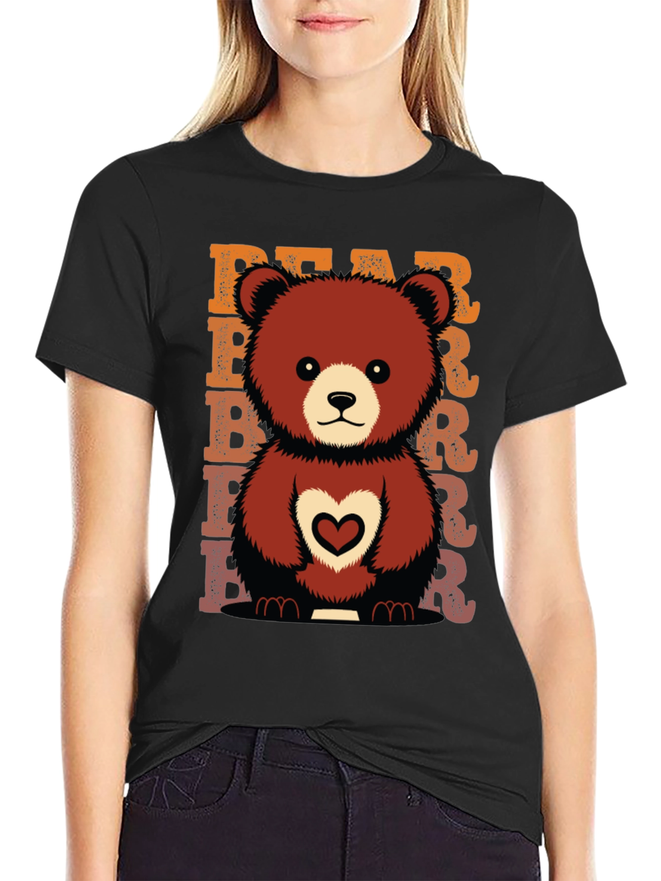 Cute Bear Heart Graphic Tee - Black Cotton Blend Shirt