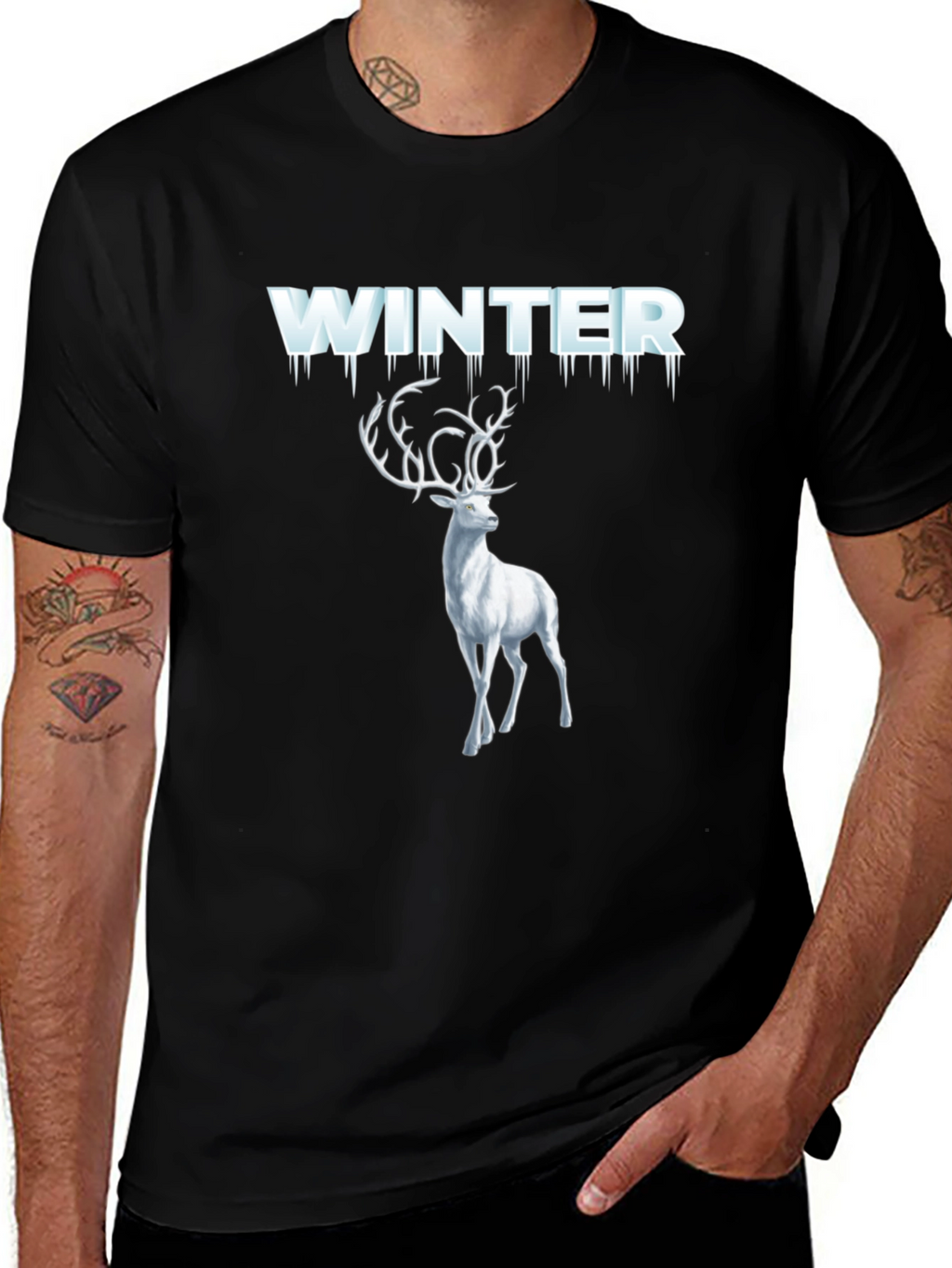 Winter Deer Graphic Tee - Black Cotton T-Shirt