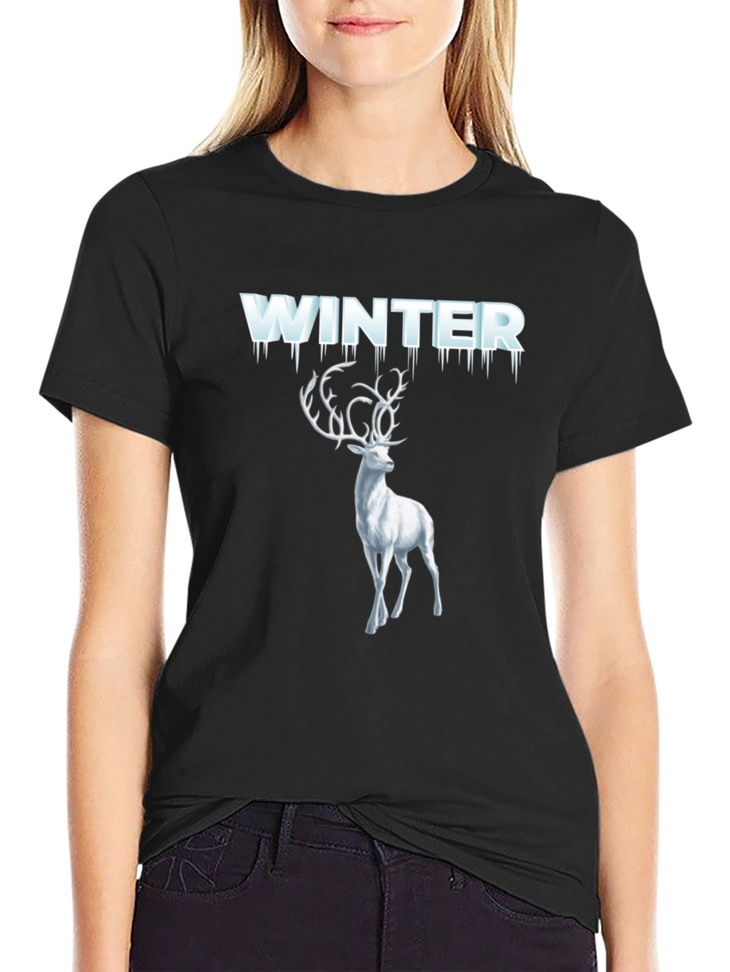 Winter Deer Graphic Tee - Black Cotton T-Shirt