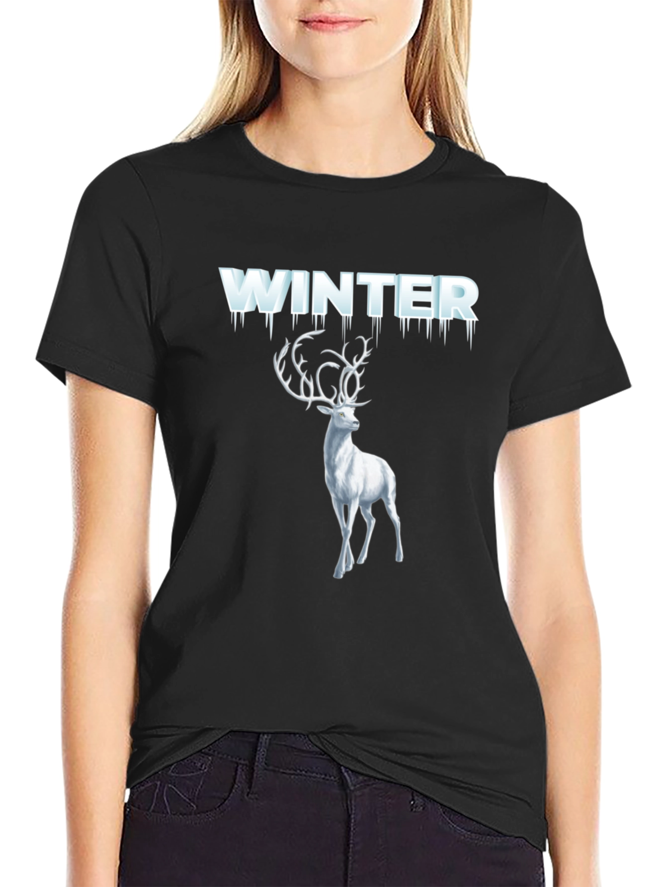 Winter Deer Graphic Tee - Black Cotton T-Shirt
