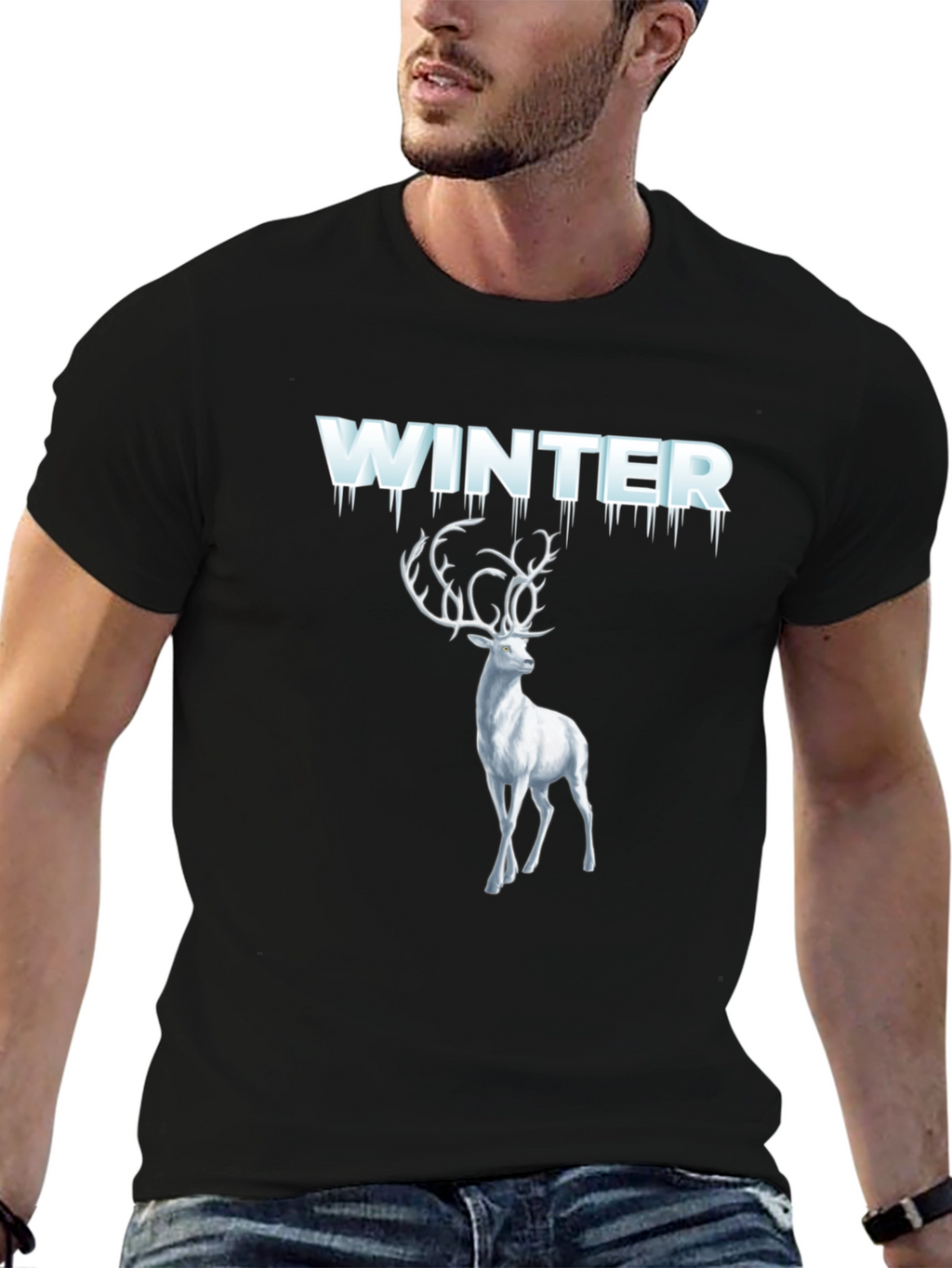 Winter Deer Graphic Tee - Black Cotton T-Shirt