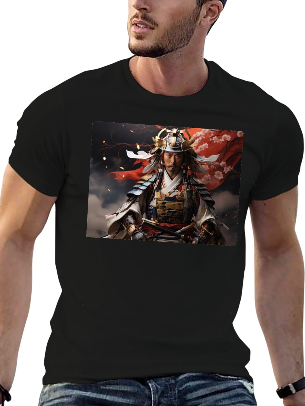 Samurai Warrior Graphic Tee - Black Cotton Blend
