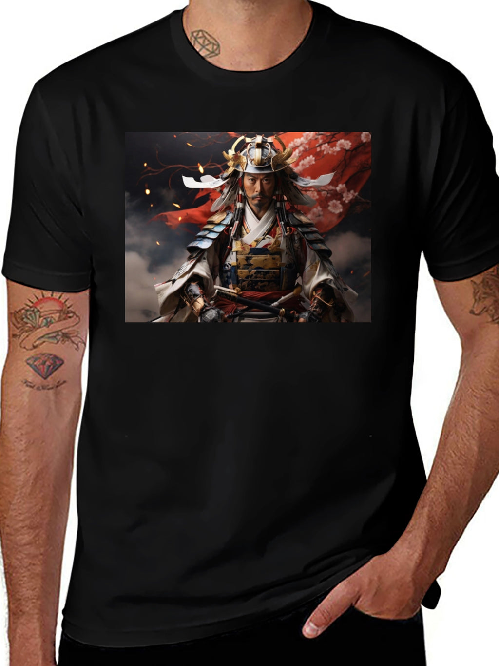 Samurai Warrior Graphic Tee - Black Cotton Blend