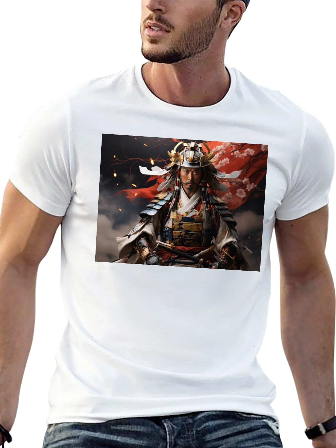 Samurai Warrior Graphic Tee - Black Cotton Blend