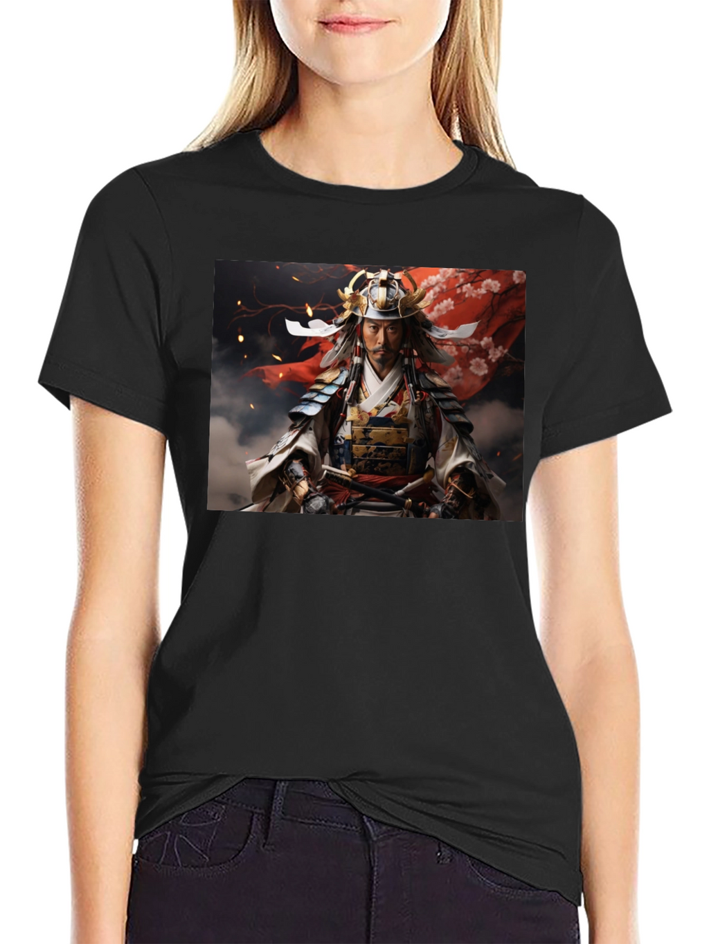 Samurai Warrior Graphic Tee - Black Cotton Blend