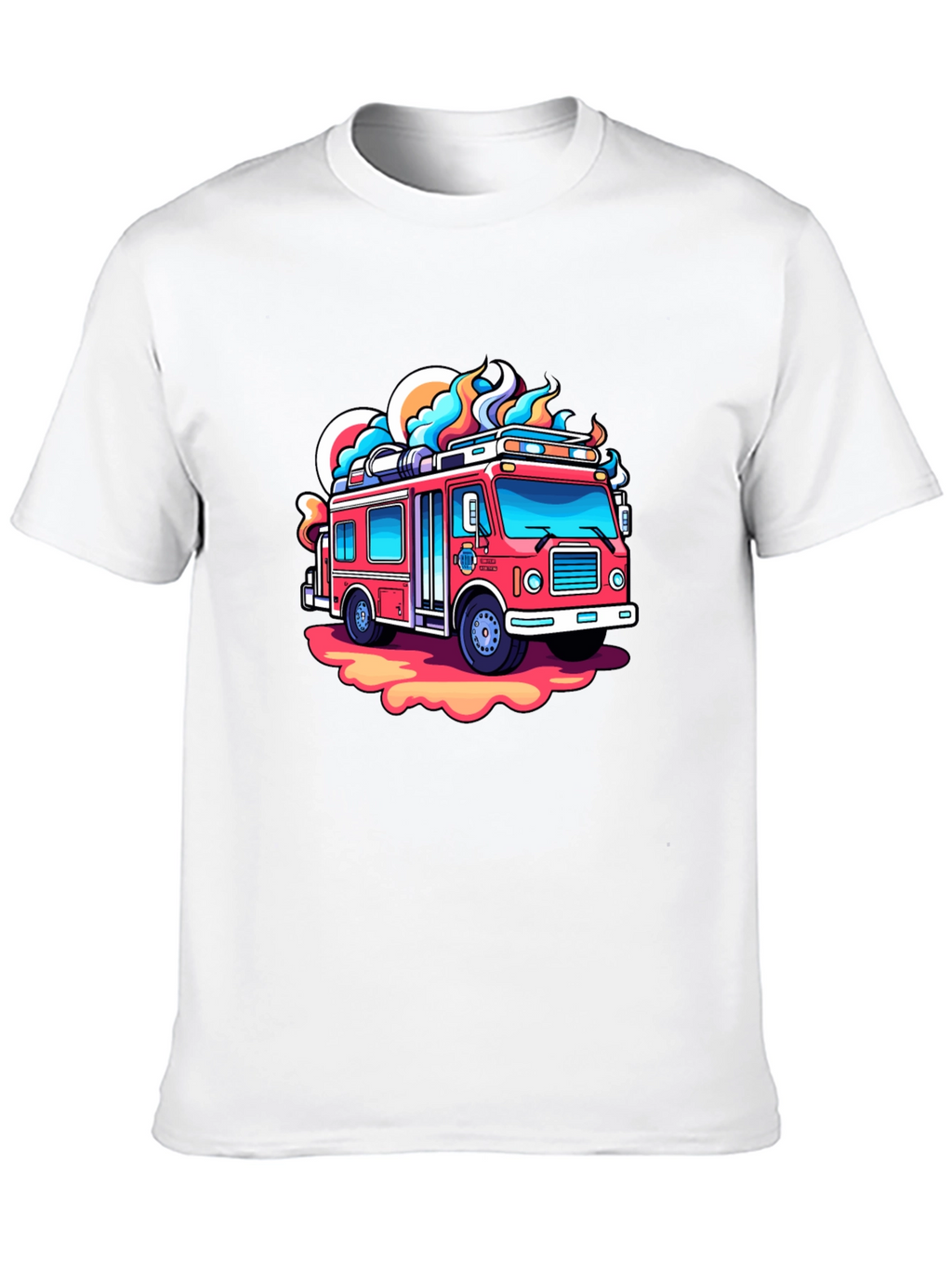 Cartoon Firetruck Graphic Tee - Black Cotton Shirt