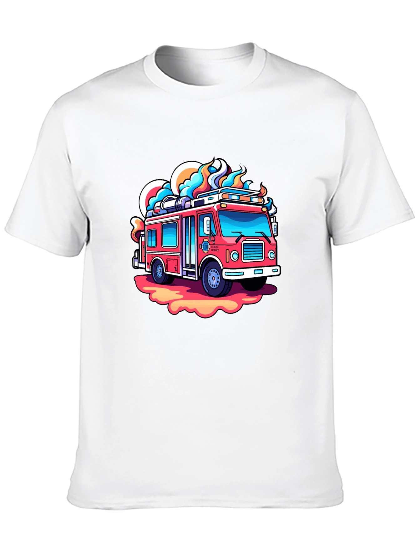 Cartoon Firetruck Graphic Tee - Black Cotton Shirt