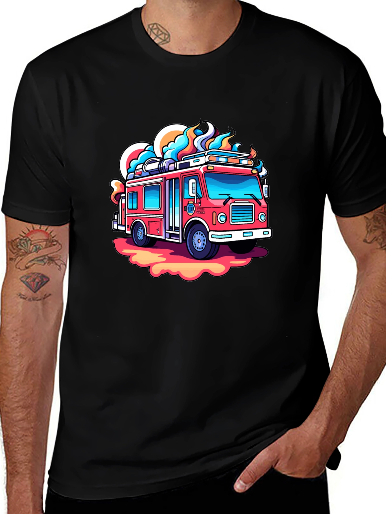 Cartoon Firetruck Graphic Tee - Black Cotton Shirt