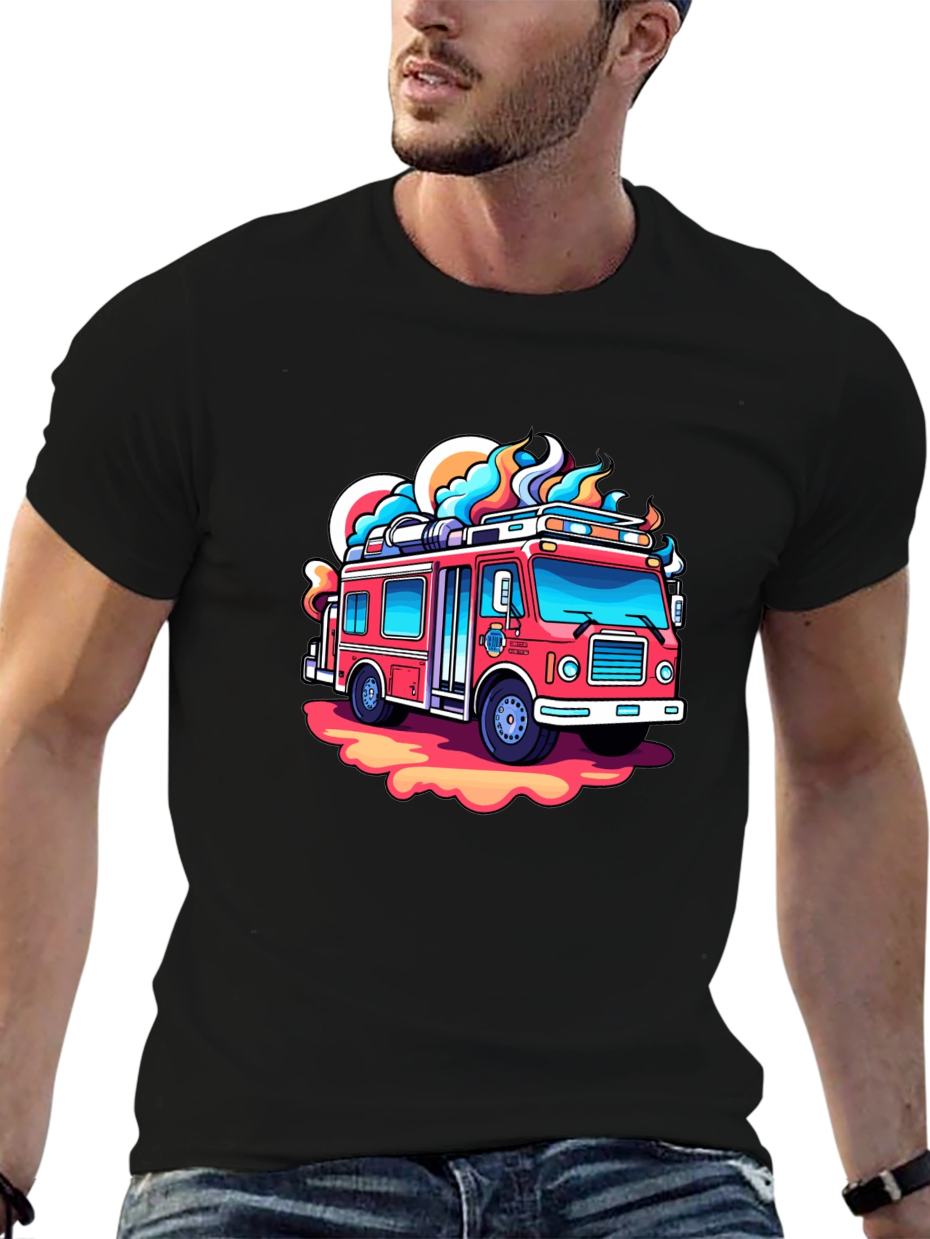 Cartoon Firetruck Graphic Tee - Black Cotton Shirt