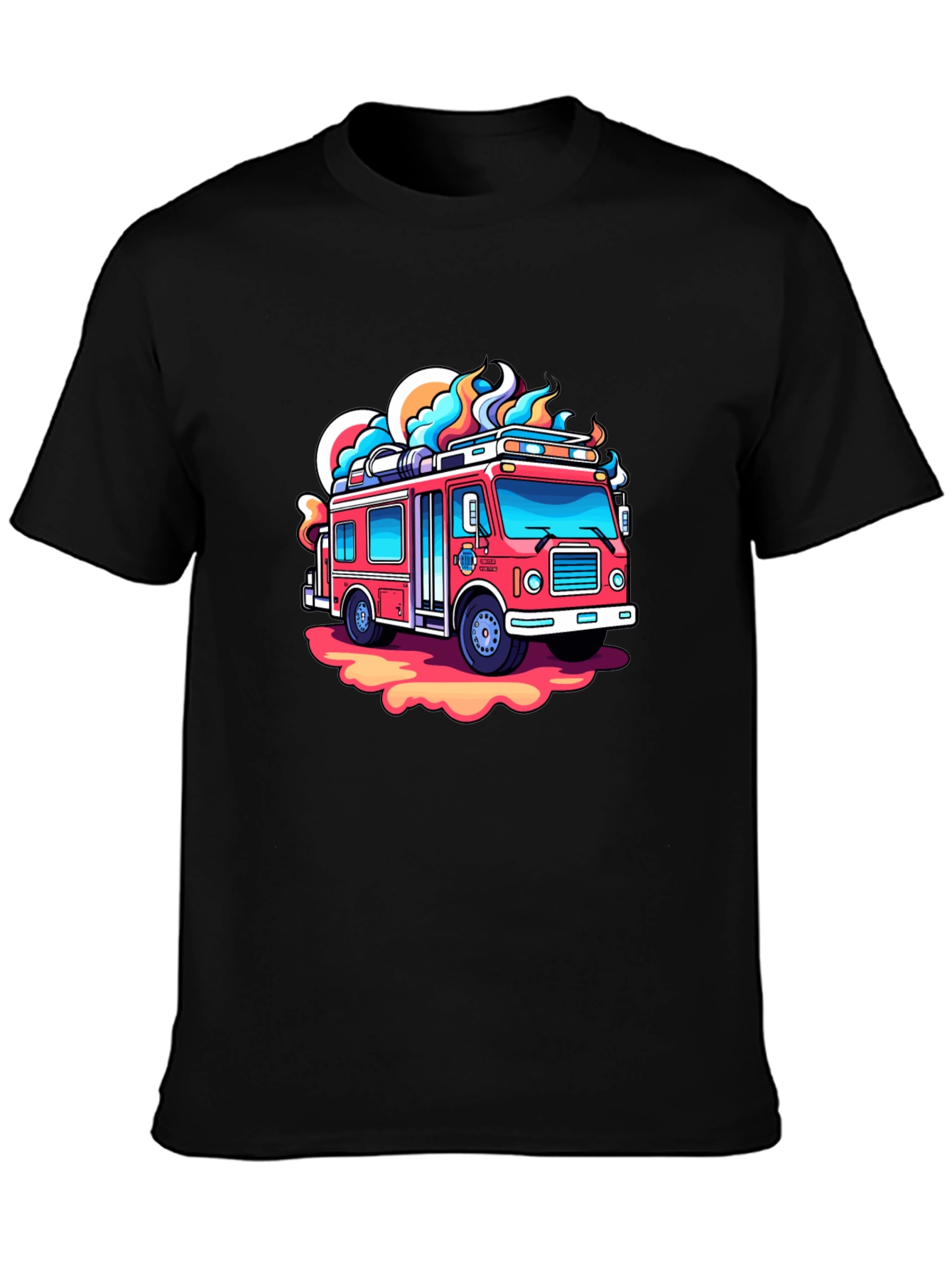 Cartoon Firetruck Graphic Tee - Black Cotton Shirt