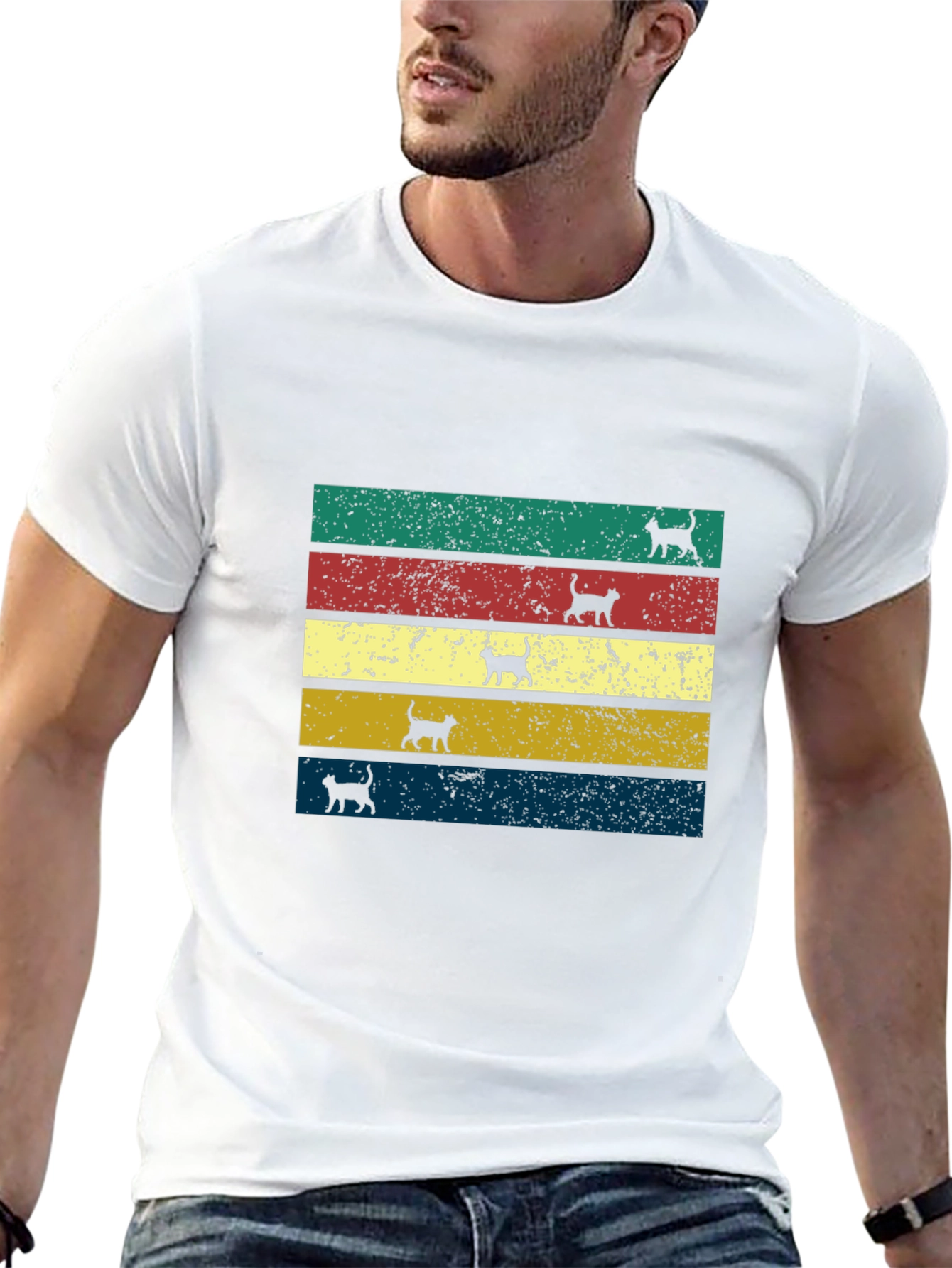 Retro Cat Silhouette Striped T-Shirt