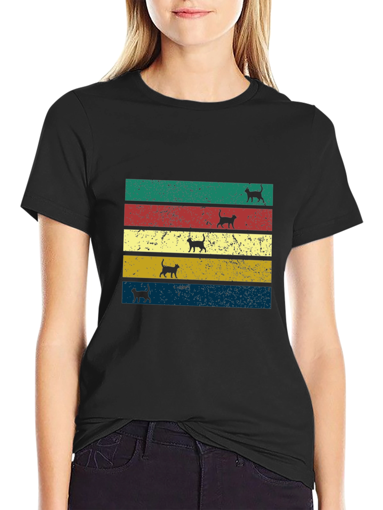 Retro Cat Silhouette Striped T-Shirt
