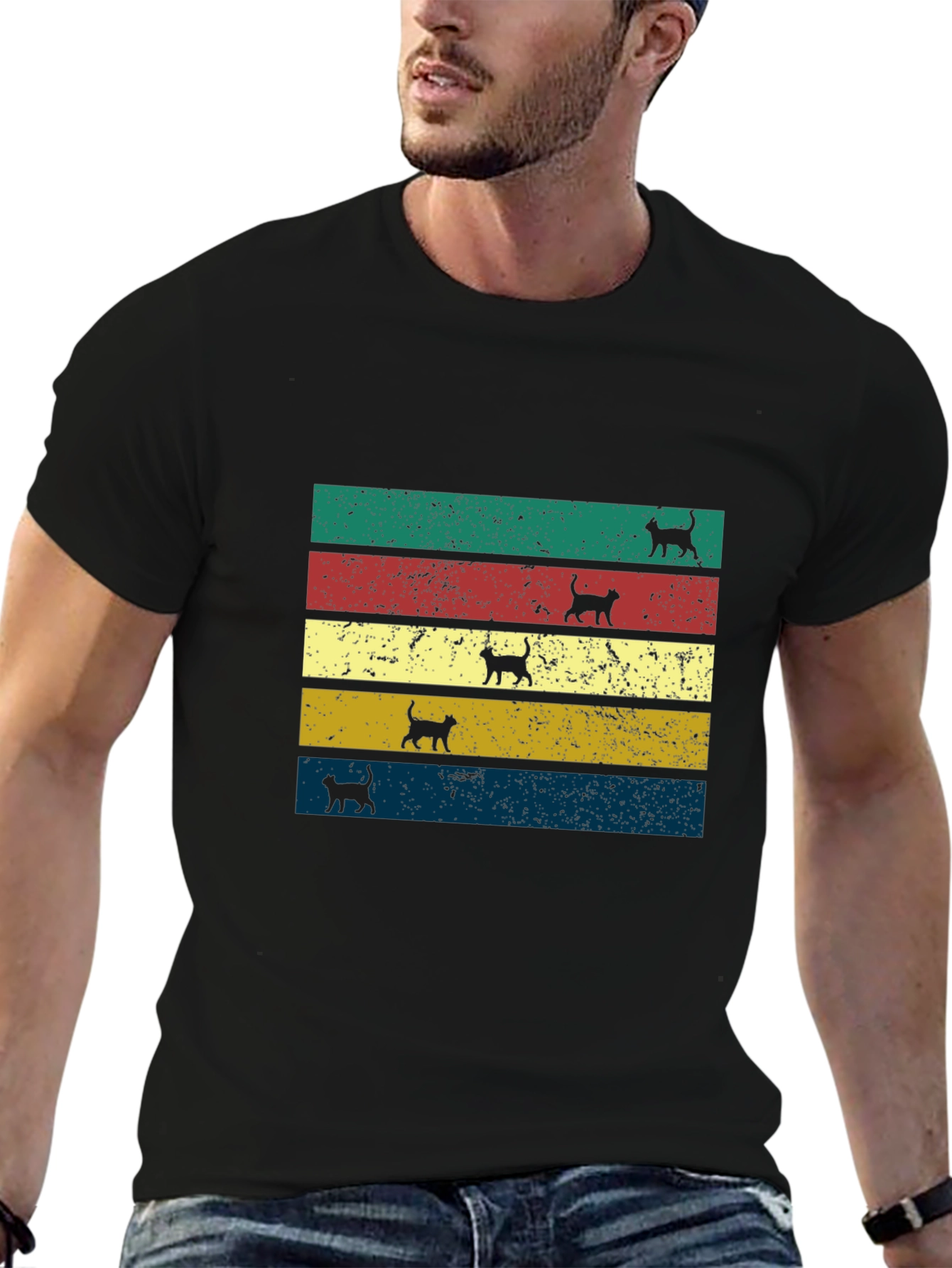 Retro Cat Silhouette Striped T-Shirt