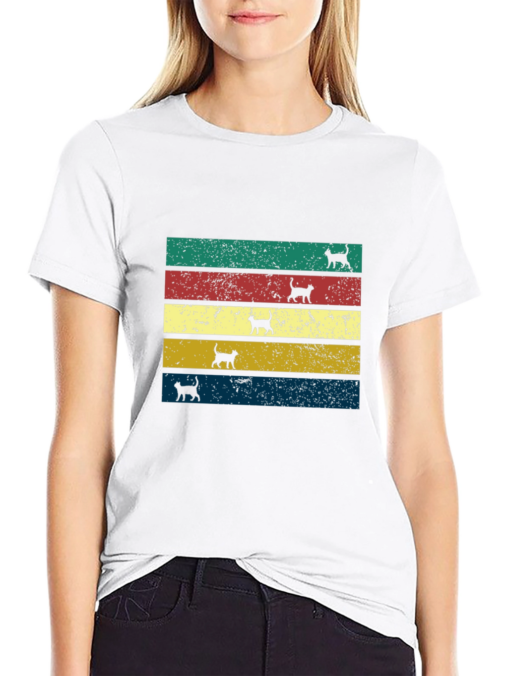 Retro Cat Silhouette Striped T-Shirt