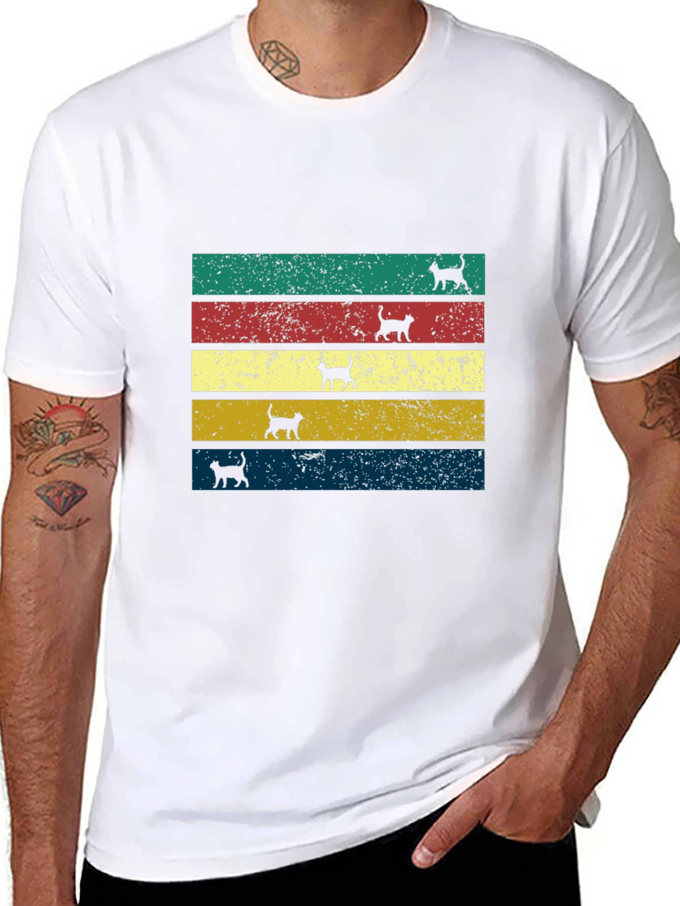 Retro Cat Silhouette Striped T-Shirt