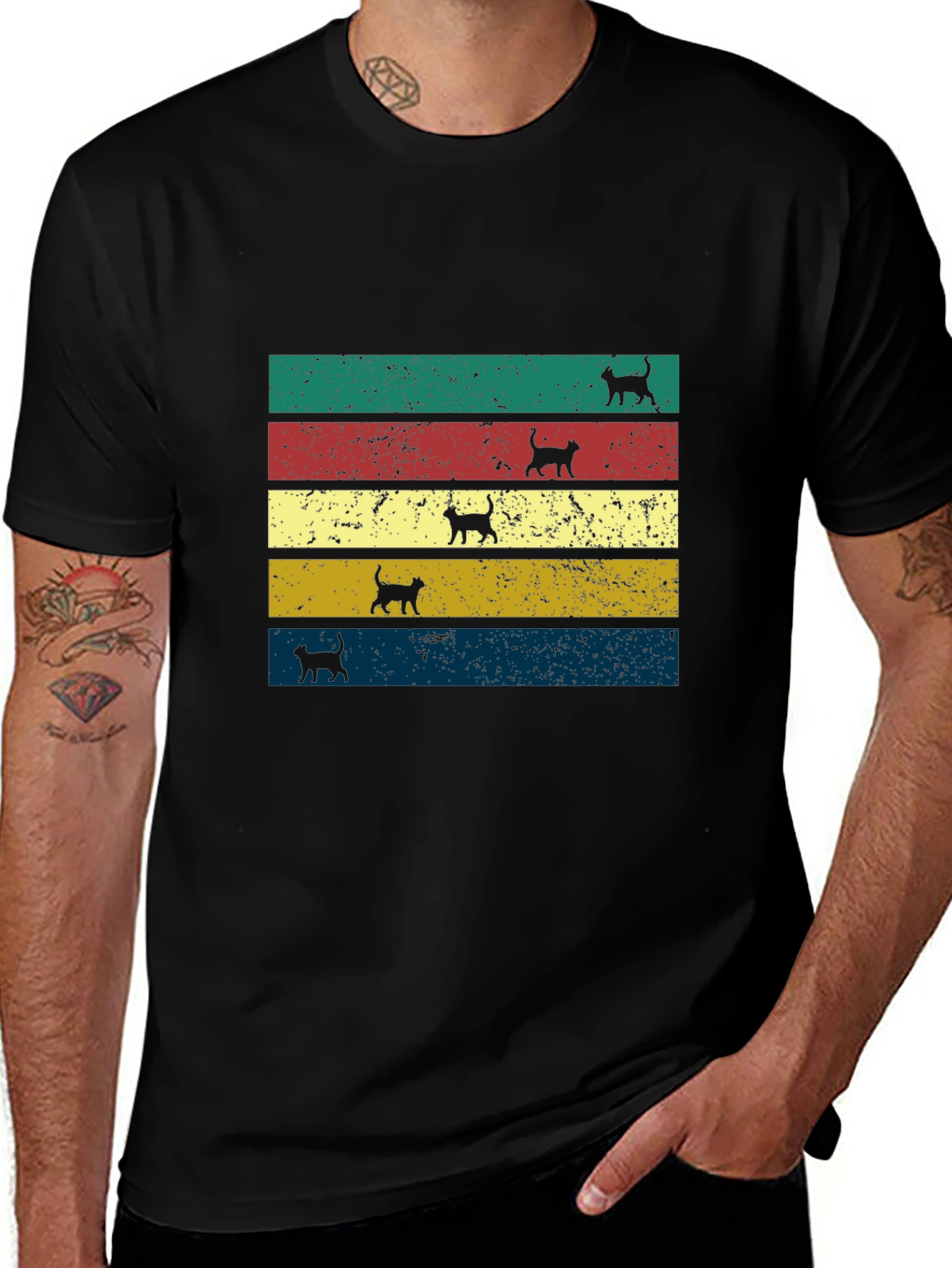 Retro Cat Silhouette Striped T-Shirt