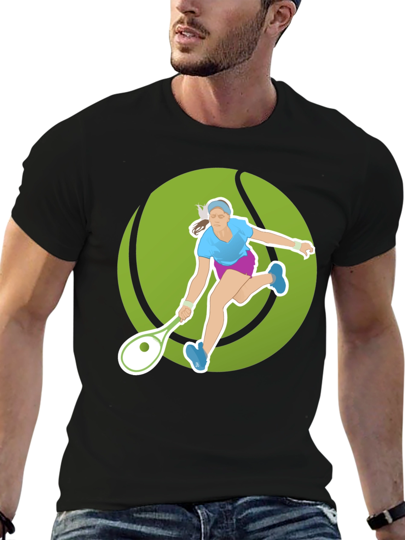 Tennis Player Graphic Tee - Black Cotton Blend