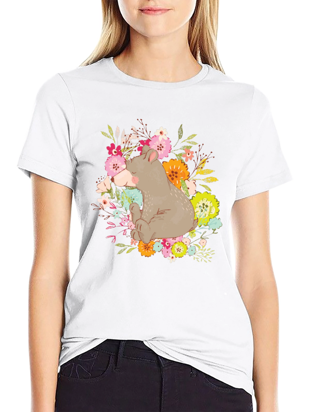 Bear and Floral Design T-Shirt