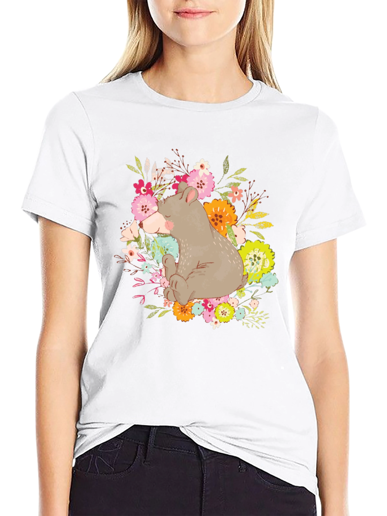 Bear and Floral Design T-Shirt