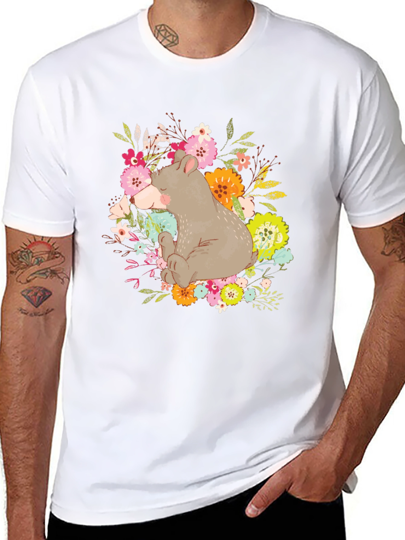 Bear and Floral Design T-Shirt