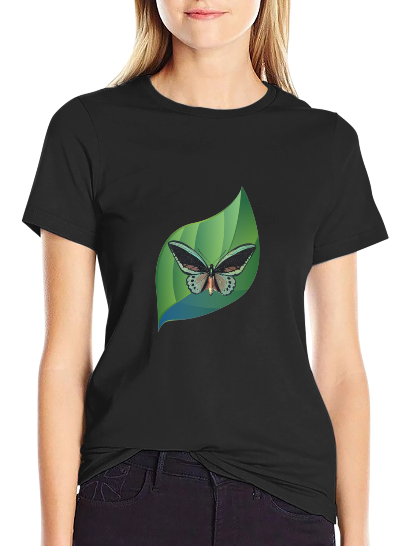 Butterfly Leaf Graphic Black T-Shirt