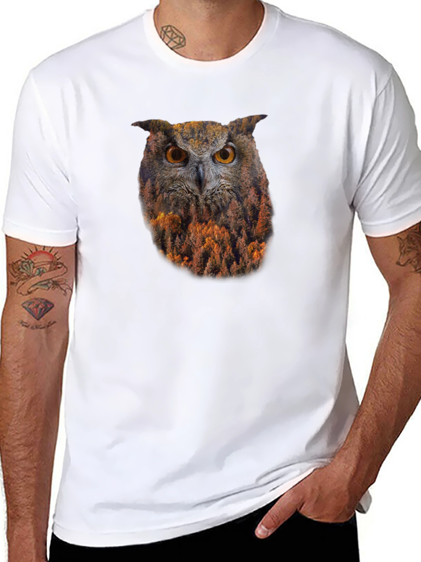 Owl Forest Graphic Print Black T-Shirt