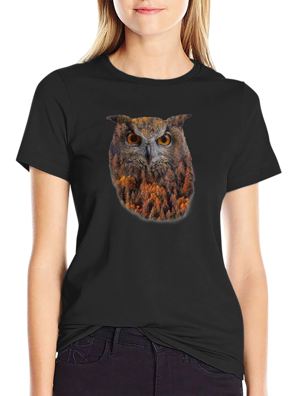 Owl Forest Graphic Print Black T-Shirt