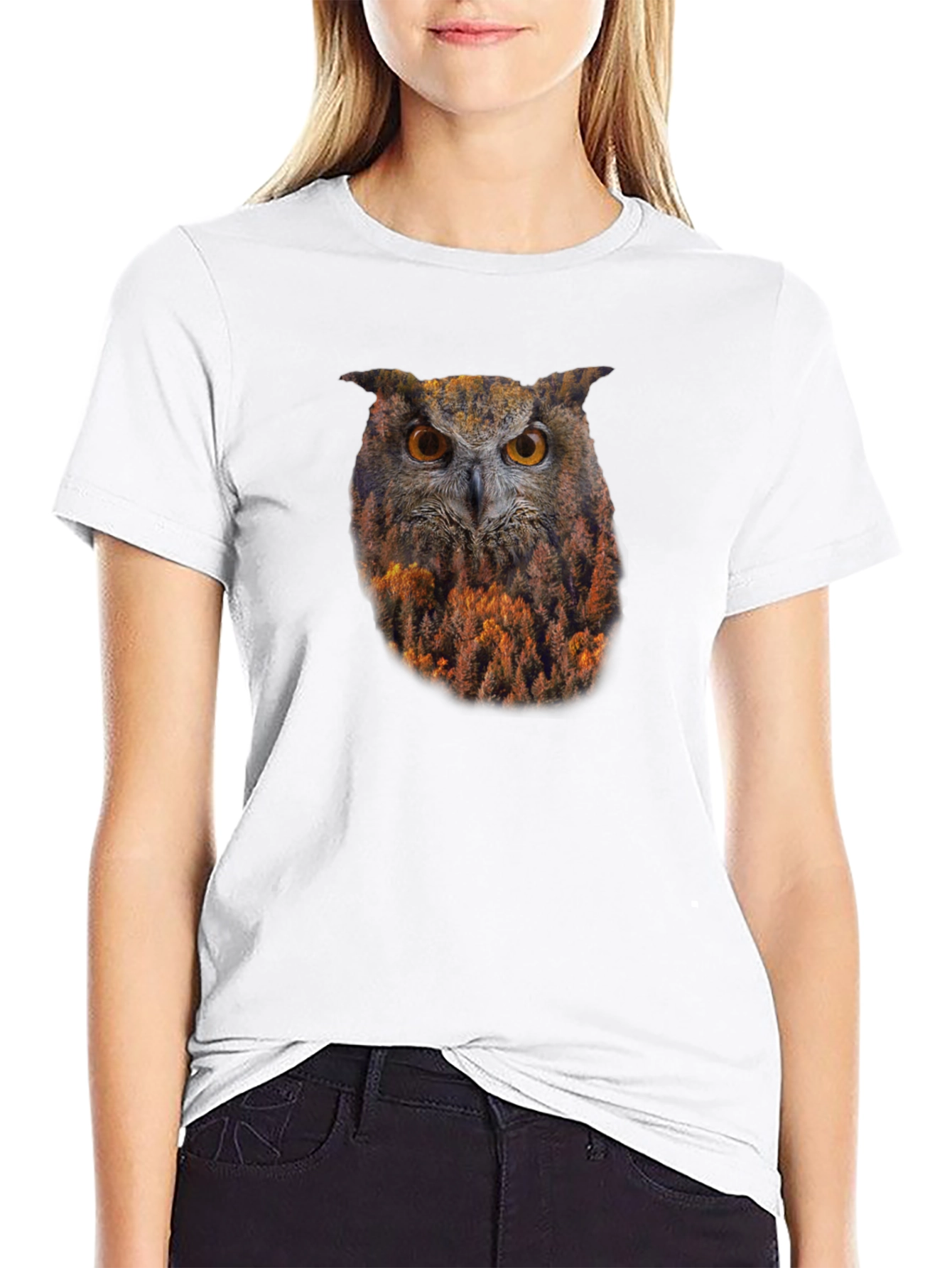 Owl Forest Graphic Print Black T-Shirt