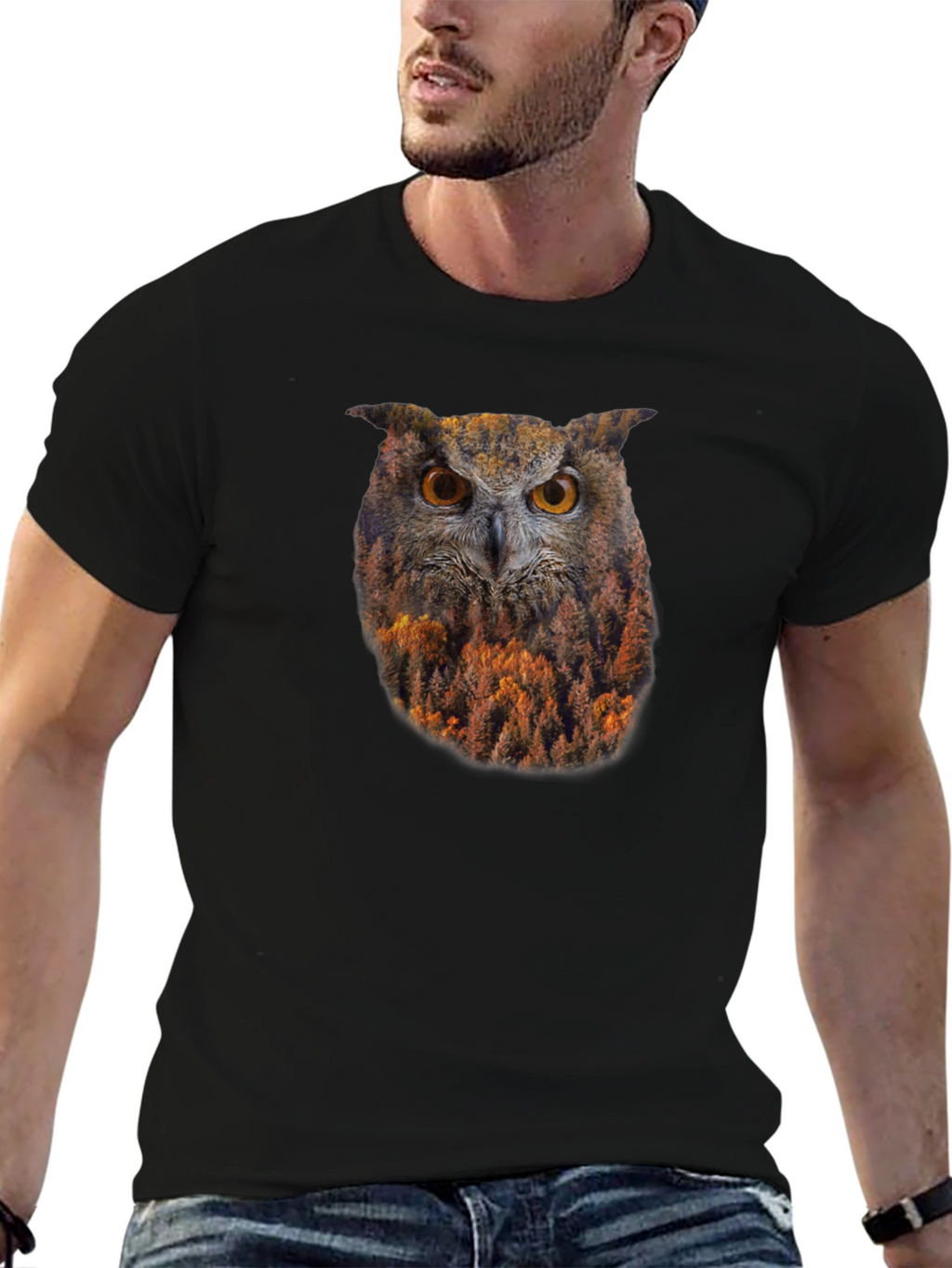 Owl Forest Graphic Print Black T-Shirt