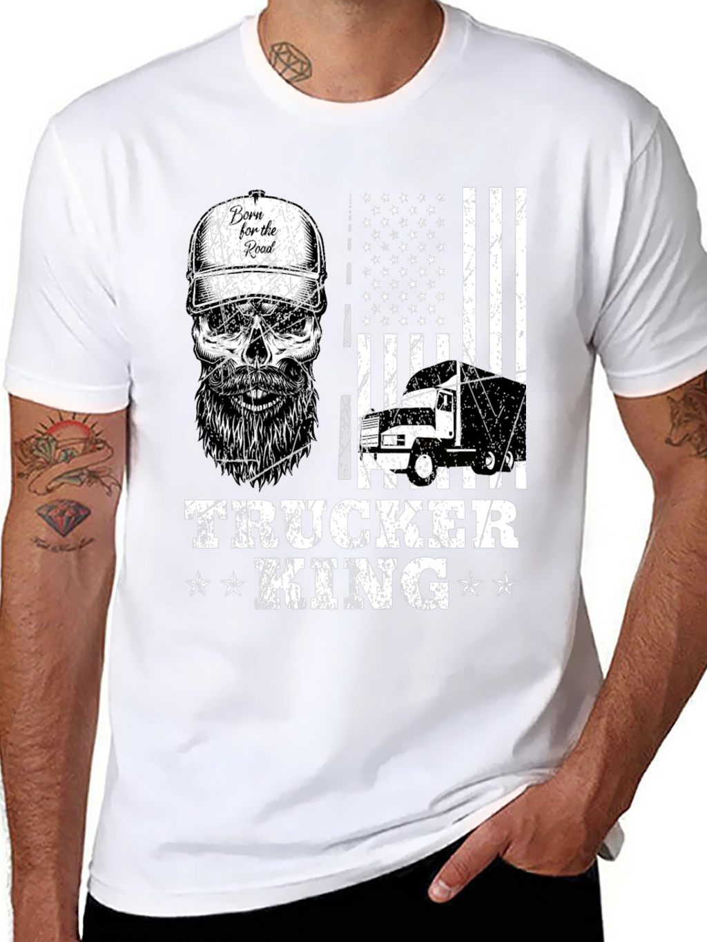 Trucker King T-Shirt - American Flag Skull Design