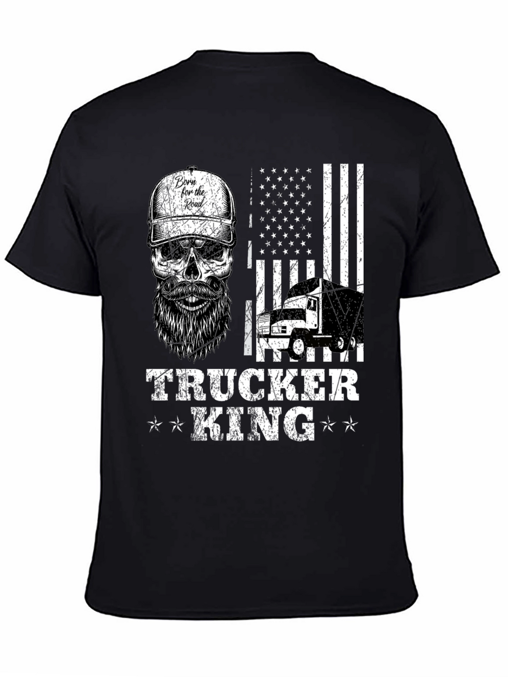 Trucker King T-Shirt - American Flag Skull Design