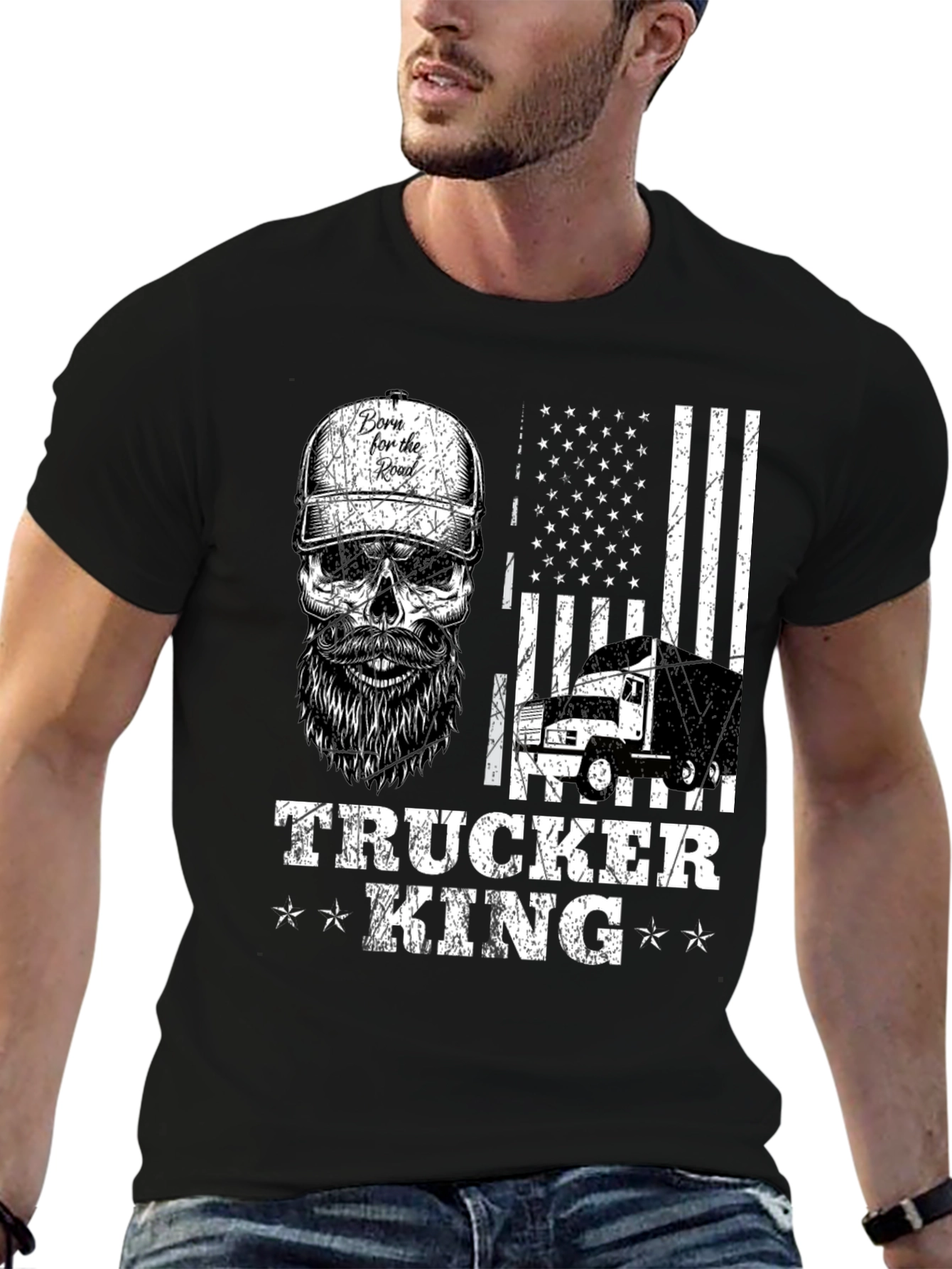 Trucker King T-Shirt - American Flag Skull Design