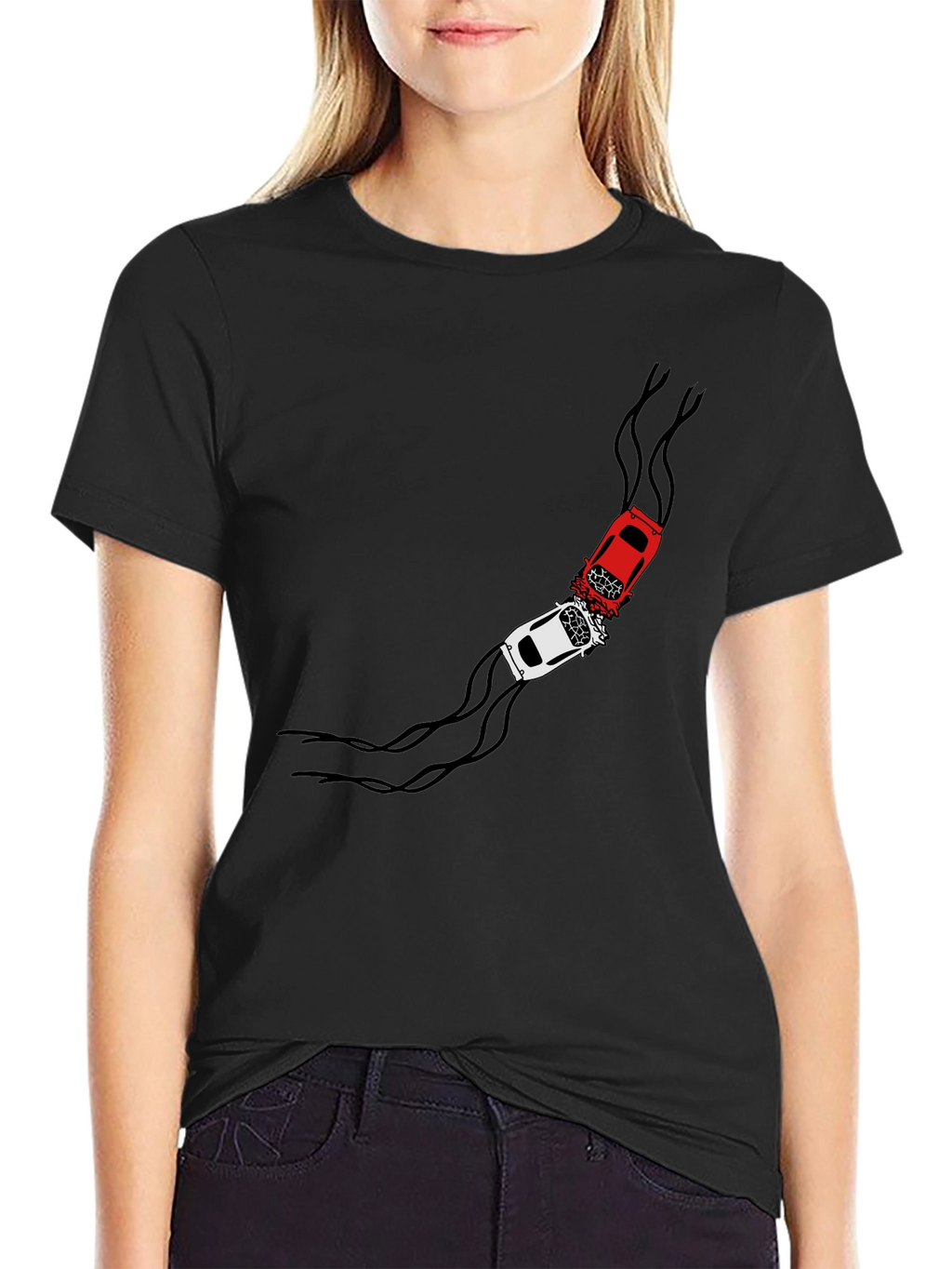 Crash Course T-Shirt: Red & White Car Collision Design