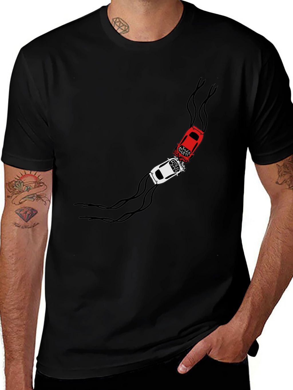 Crash Course T-Shirt: Red & White Car Collision Design