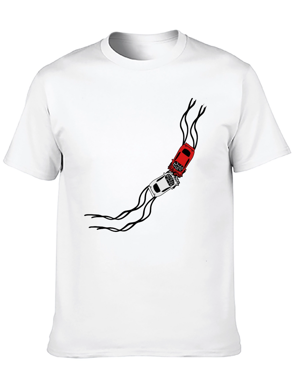 Crash Course T-Shirt: Red & White Car Collision Design