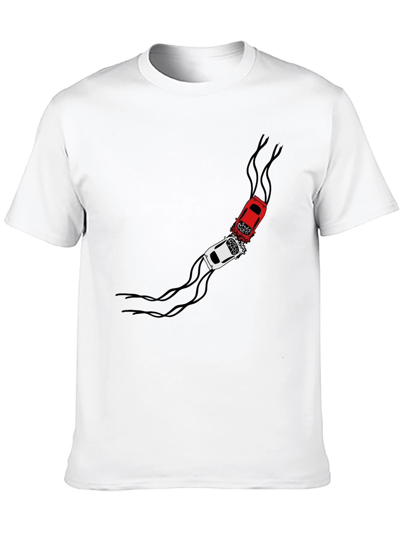 Crash Course T-Shirt: Red & White Car Collision Design