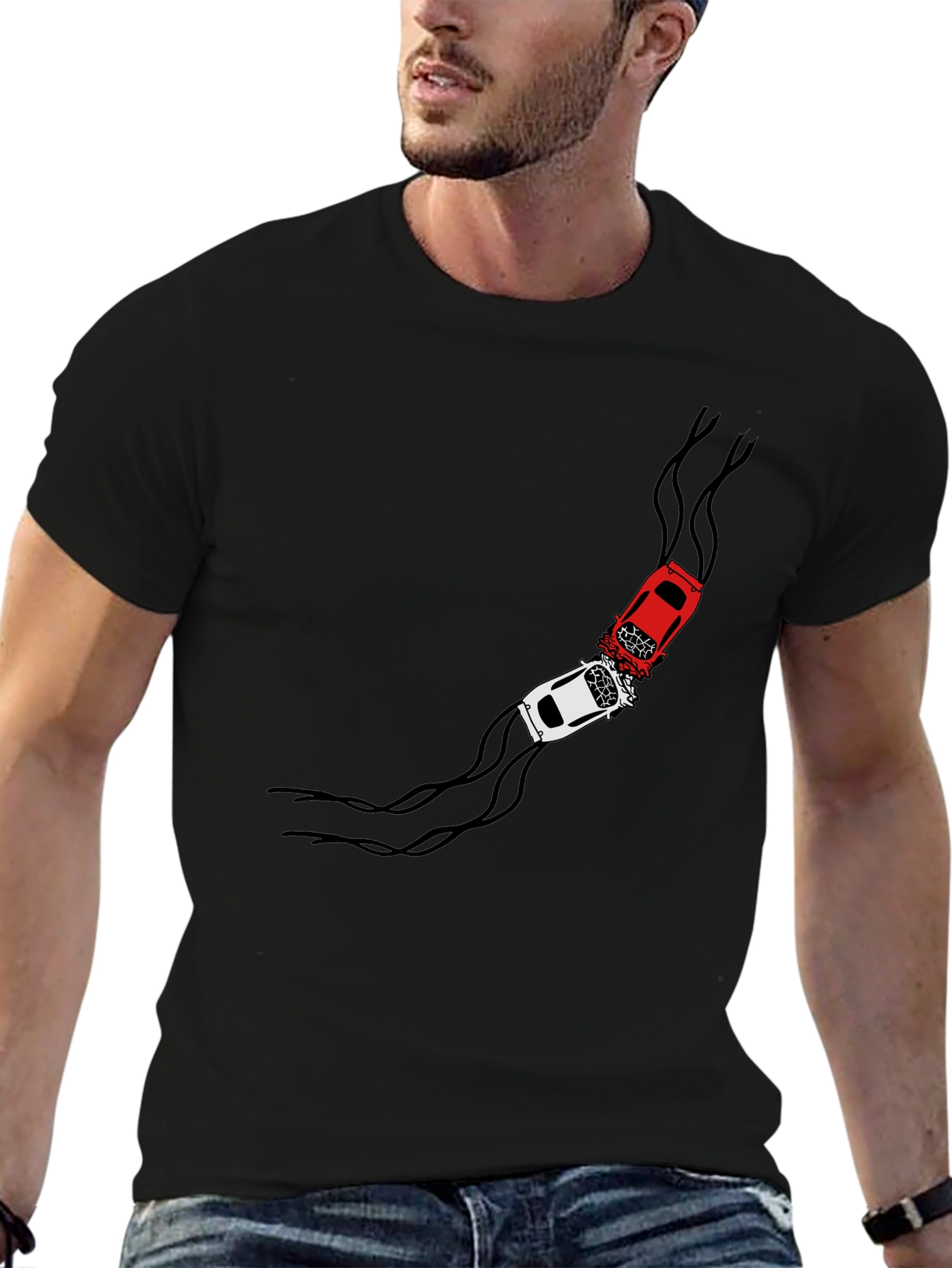 Crash Course T-Shirt: Red & White Car Collision Design