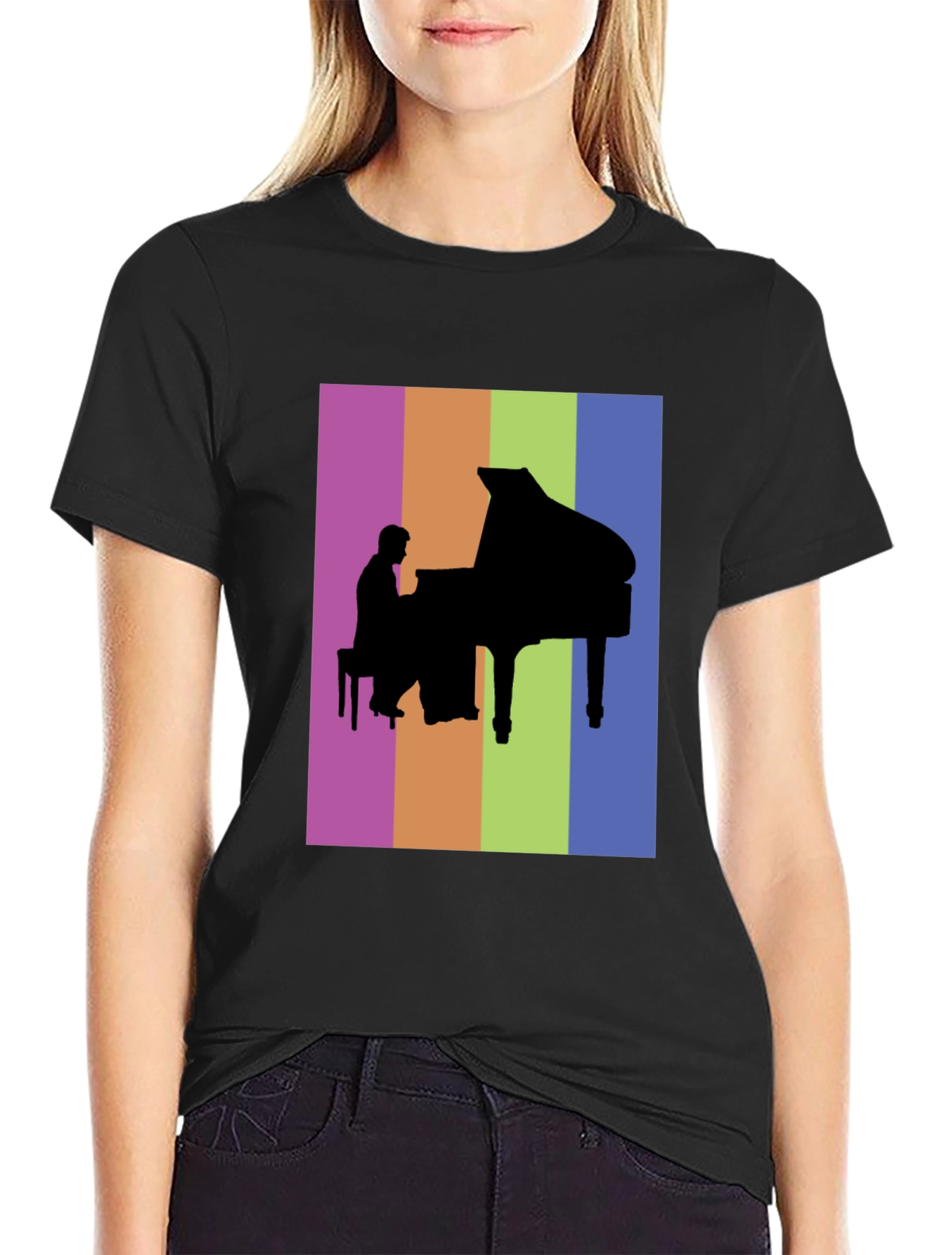 Piano Player Silhouette Graphic Tee - Colorful Music Lover Shirt
